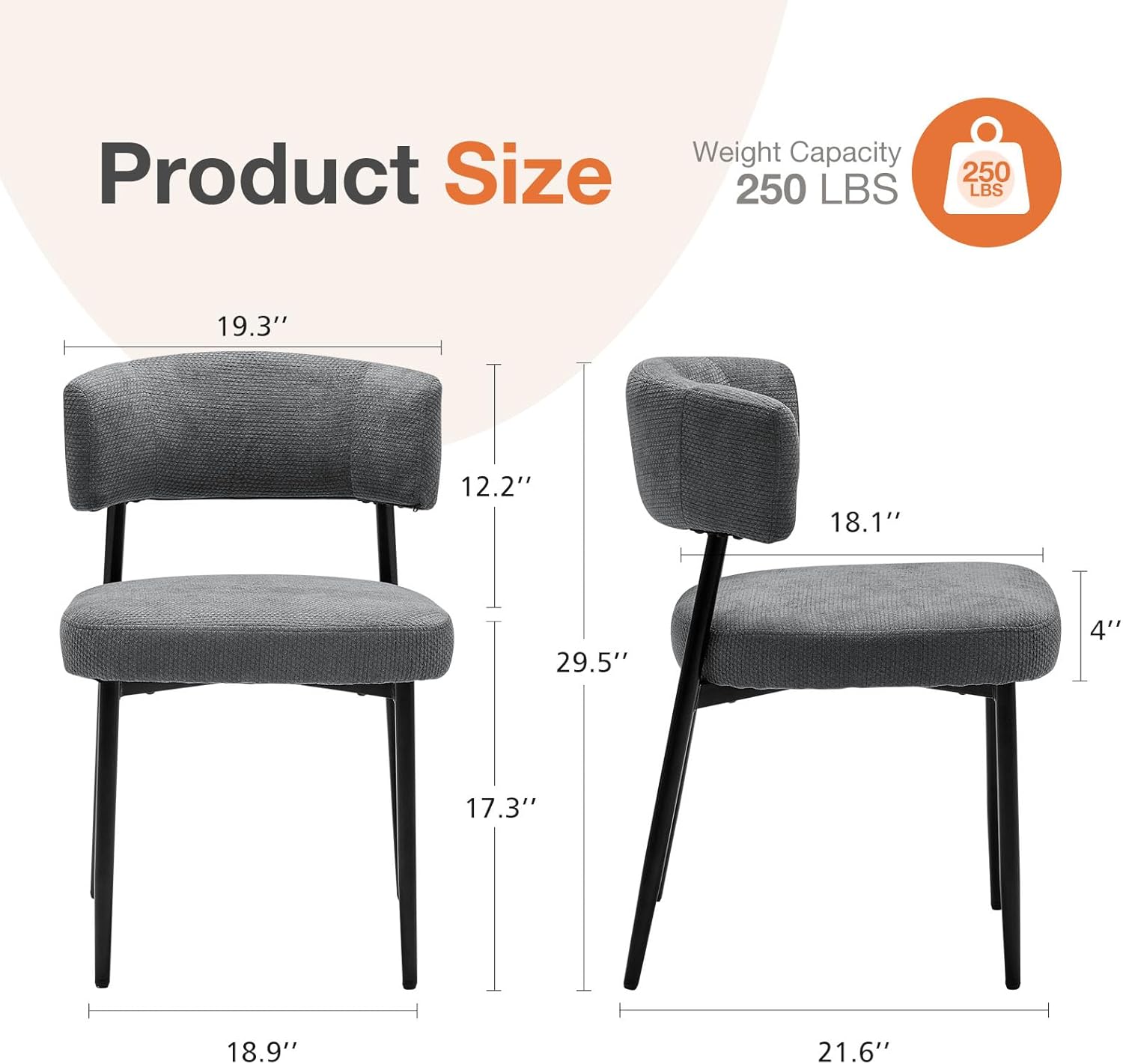 DUMOS Dining Chairs Set of 4, Mid Century Modern Chair Round Upholstered Curved Backrest, Kitchen Vanity Living Room Chairs with Black Metal Legs, Grey