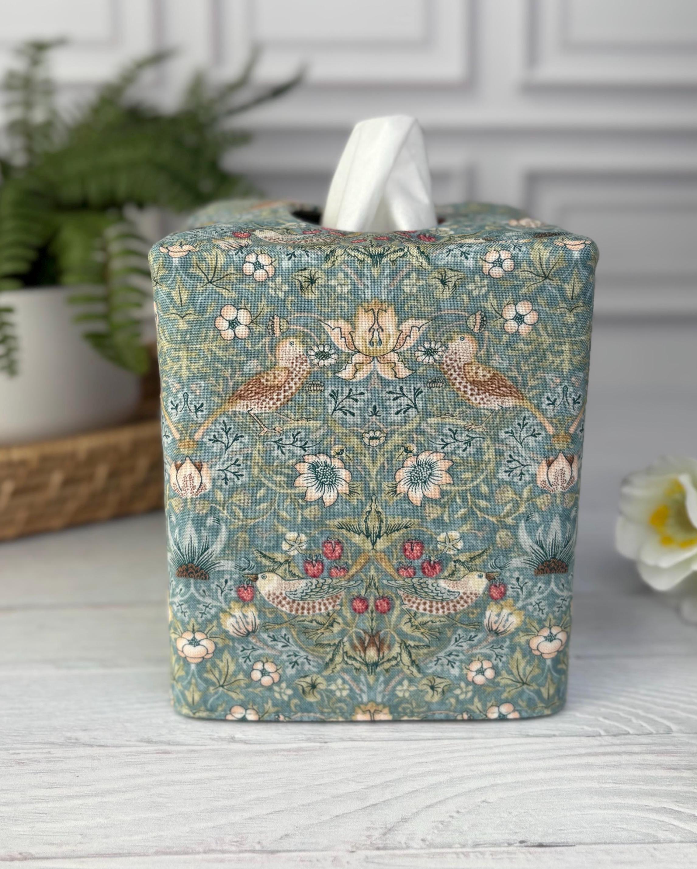 William Morris Strawberry Thief Aqua Tissue Box Cover | Reversible Fabric Floral Bird Decor | Handmade Cottage Home USA