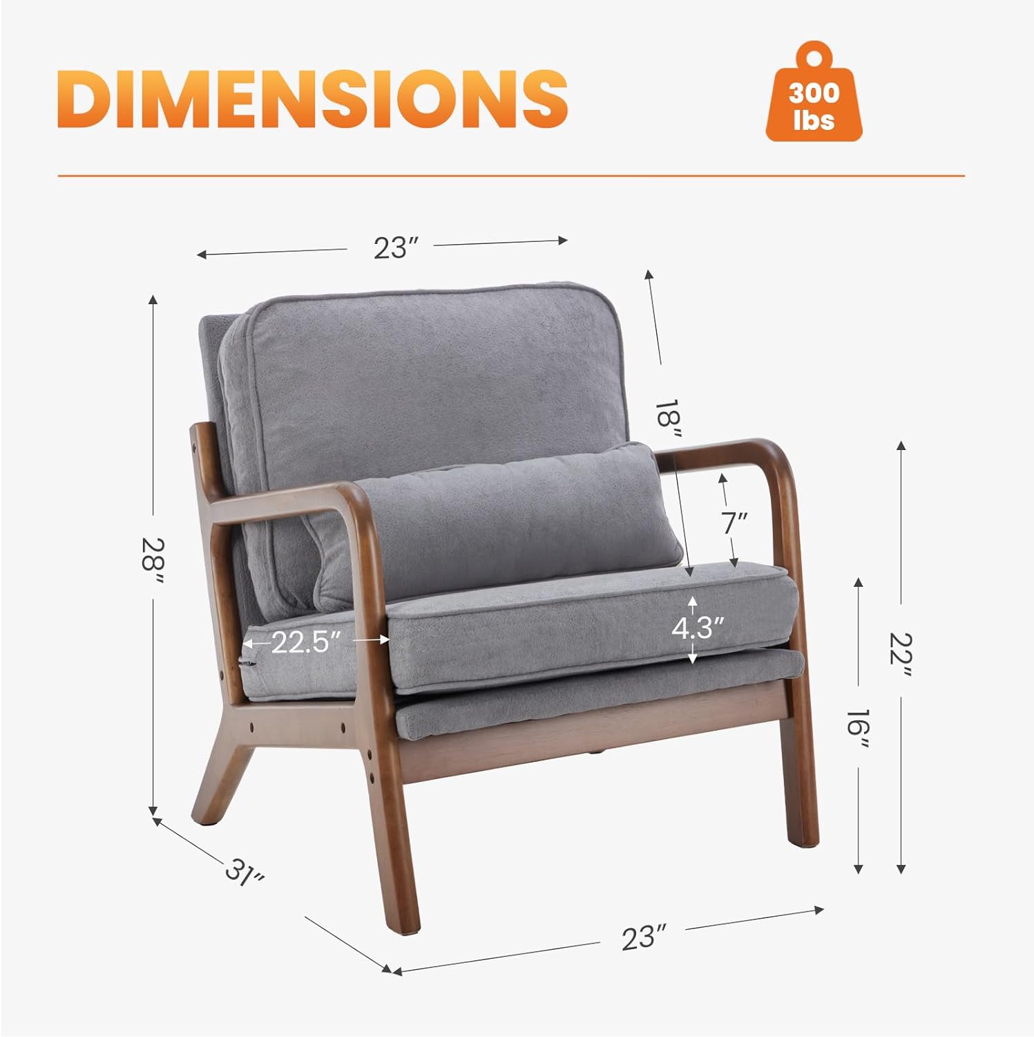 DUMOS Mid Century Accent Chair, Modern Living Room Chair with Arms and Waist Cushion, Reading Chairs for Adults, Lounge Chair for Bedroom, Solid Wooden Frame, Light Grey