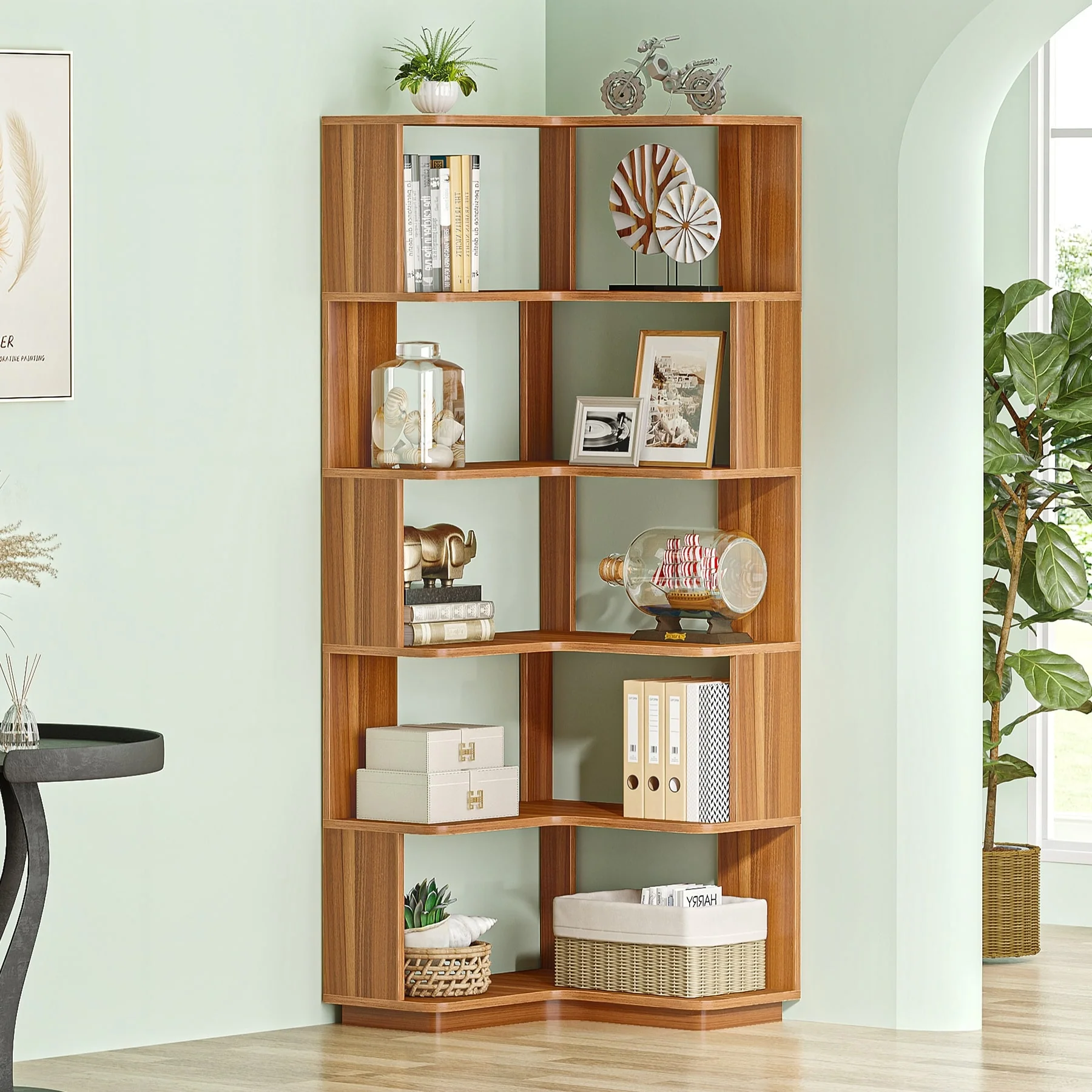 6-Tier Corner Book Shelf, 64.9Tall Freestanding Wood Industrial Bookcase Bookshelf