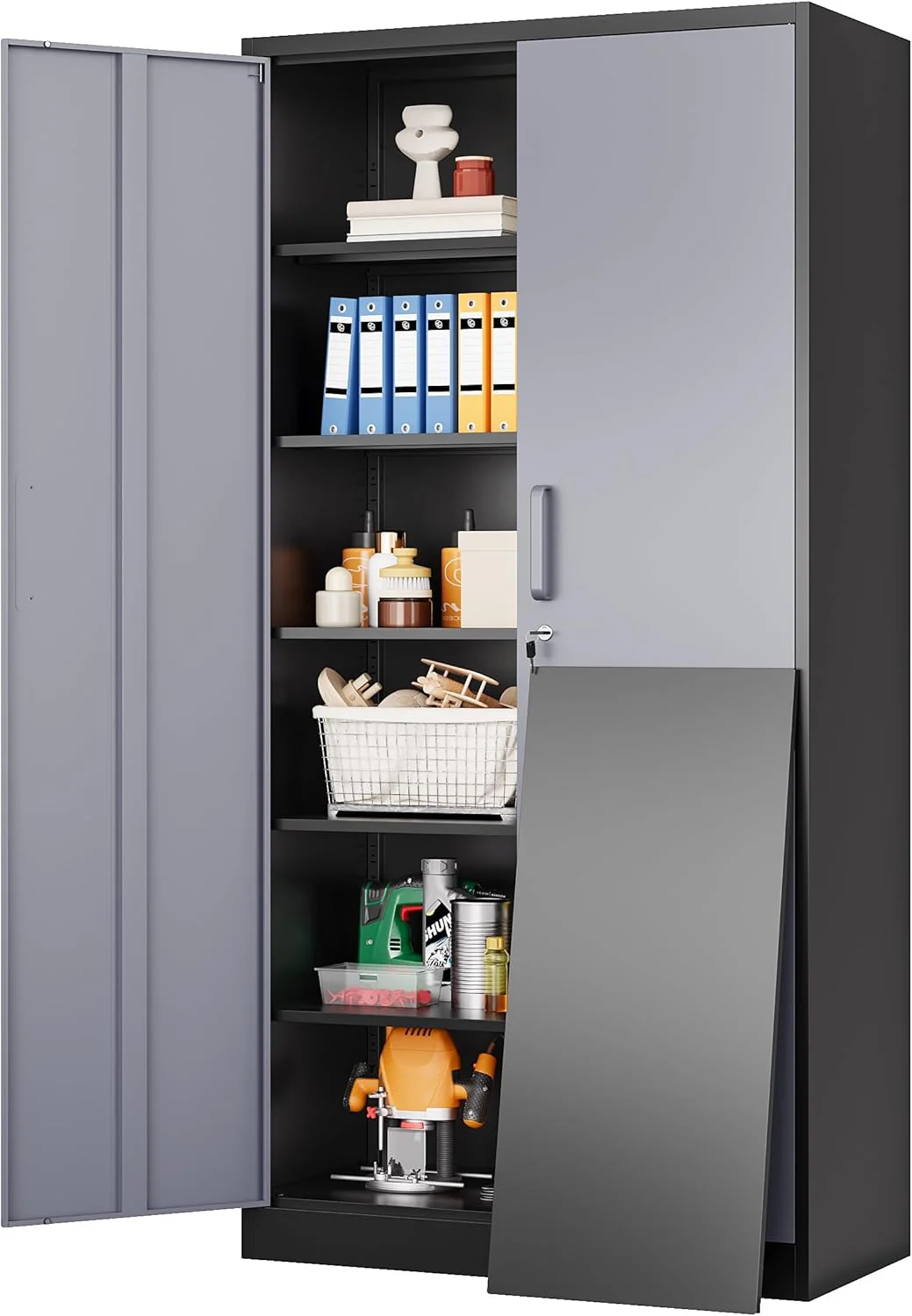Metal Storage Cabinet with 2 Doors and 6 Shelves,Black Metal Cabinet with Lock,71
