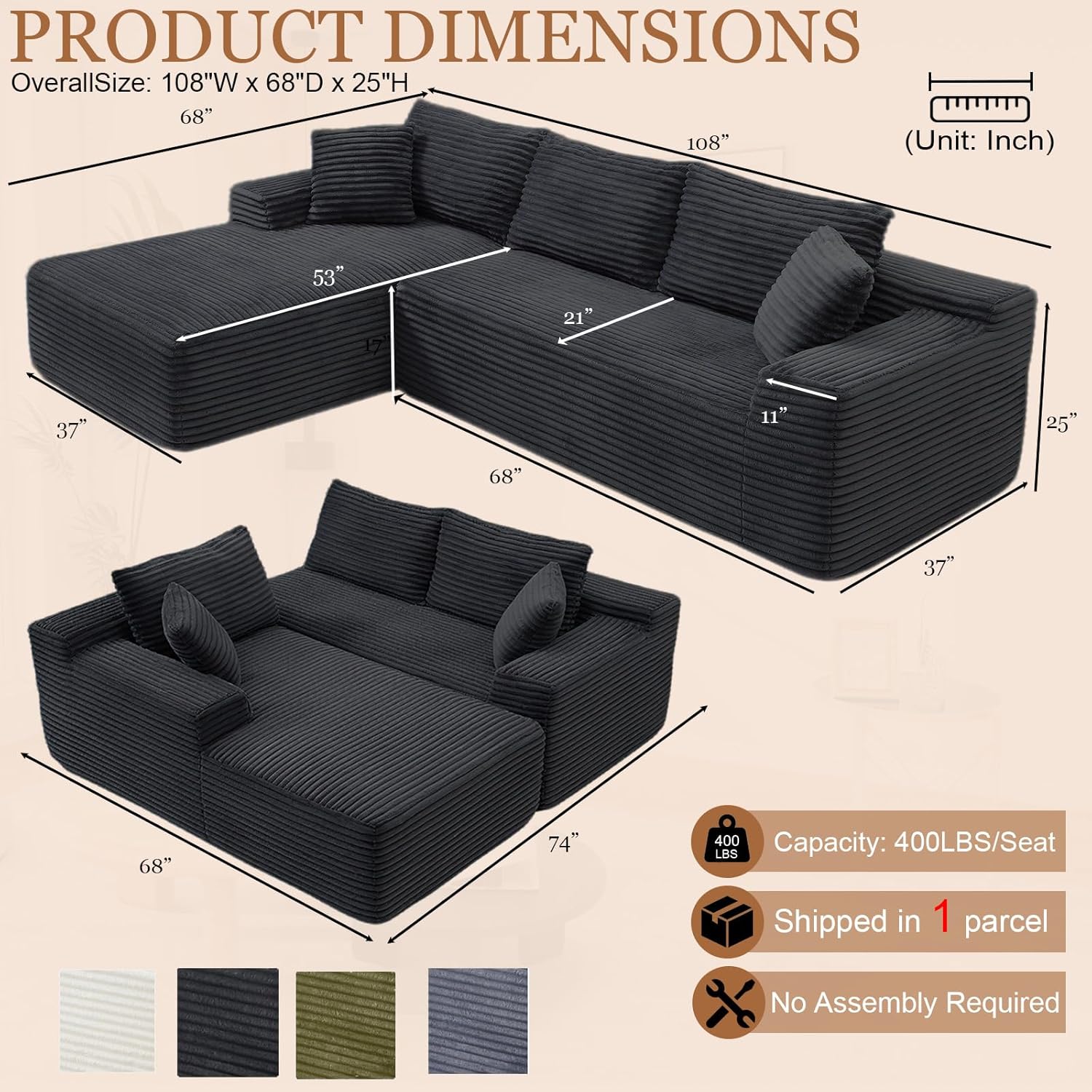108 Cloud Sectional Couch, Modern Boneless Couch with L-Shape Chaise, Deep Seat Modular Sectional Sofa Corduroy Corner Couches for Living Room,No Assembly Required (Black, Left Facing Chaise)