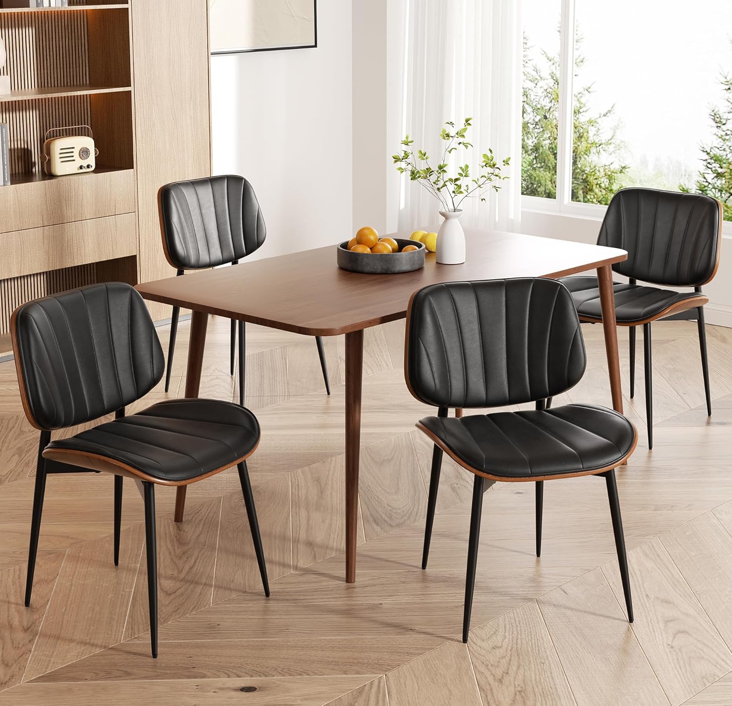 Dining Chairs Set of 4, Mid Century Modern Dining Room Chair, Upholstered Faux Leather Kitchen Chairs with Walnut Bentwood Back and Metal Legs for Kitchen Dining Room Living Room, Black