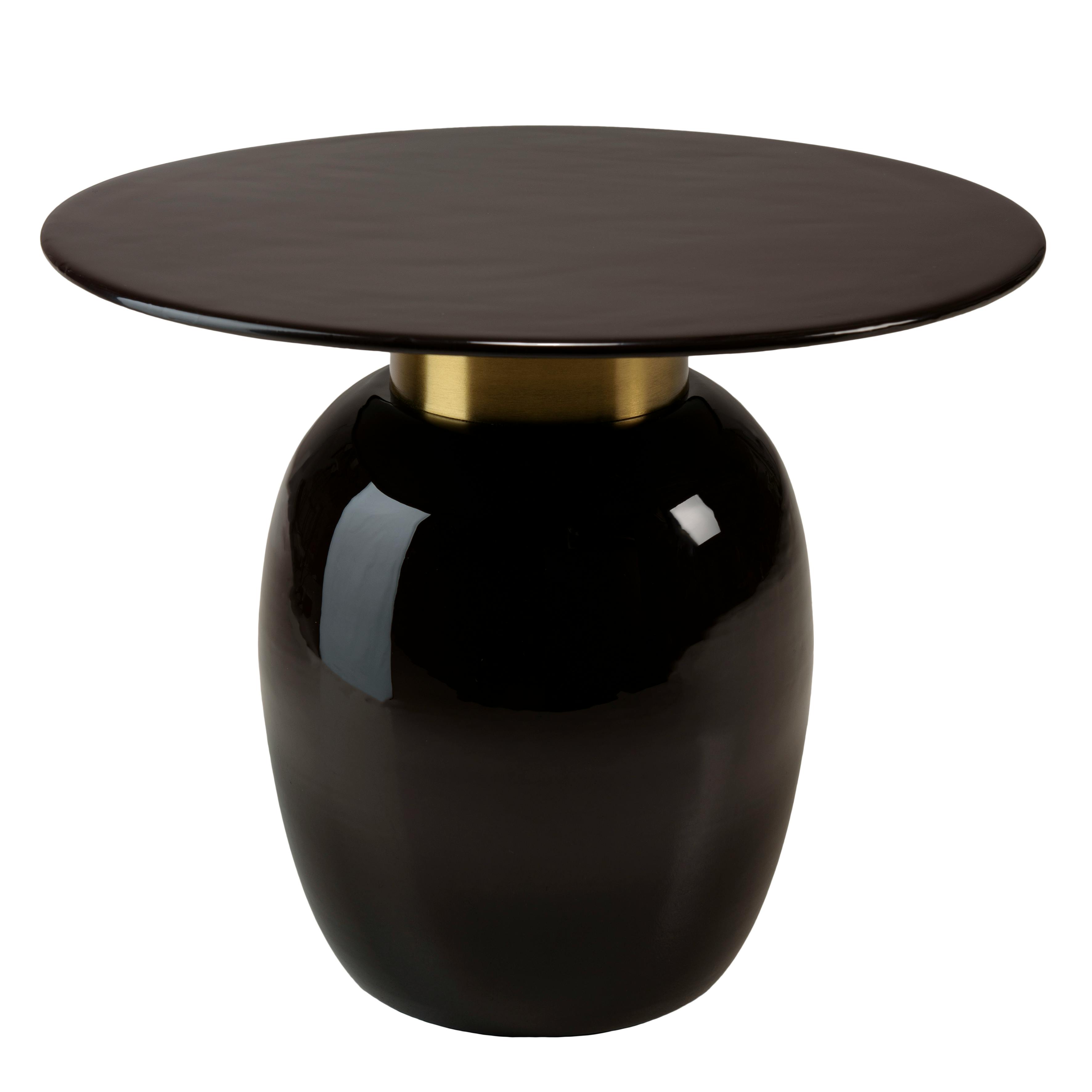Table d'appoint ronde 50 cm en métal émaillé noir, col doré TOSCA