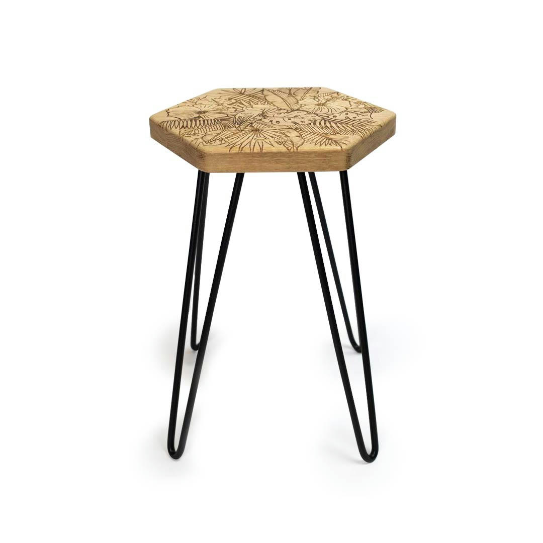JUNGLE - Tabouret en chêne massif gravure Jungle H 48,5 cm