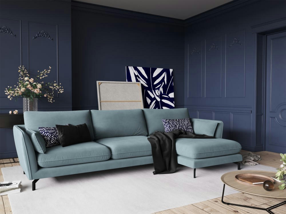 PODIUM - Canapé d'angle 5 places en velours bleu
