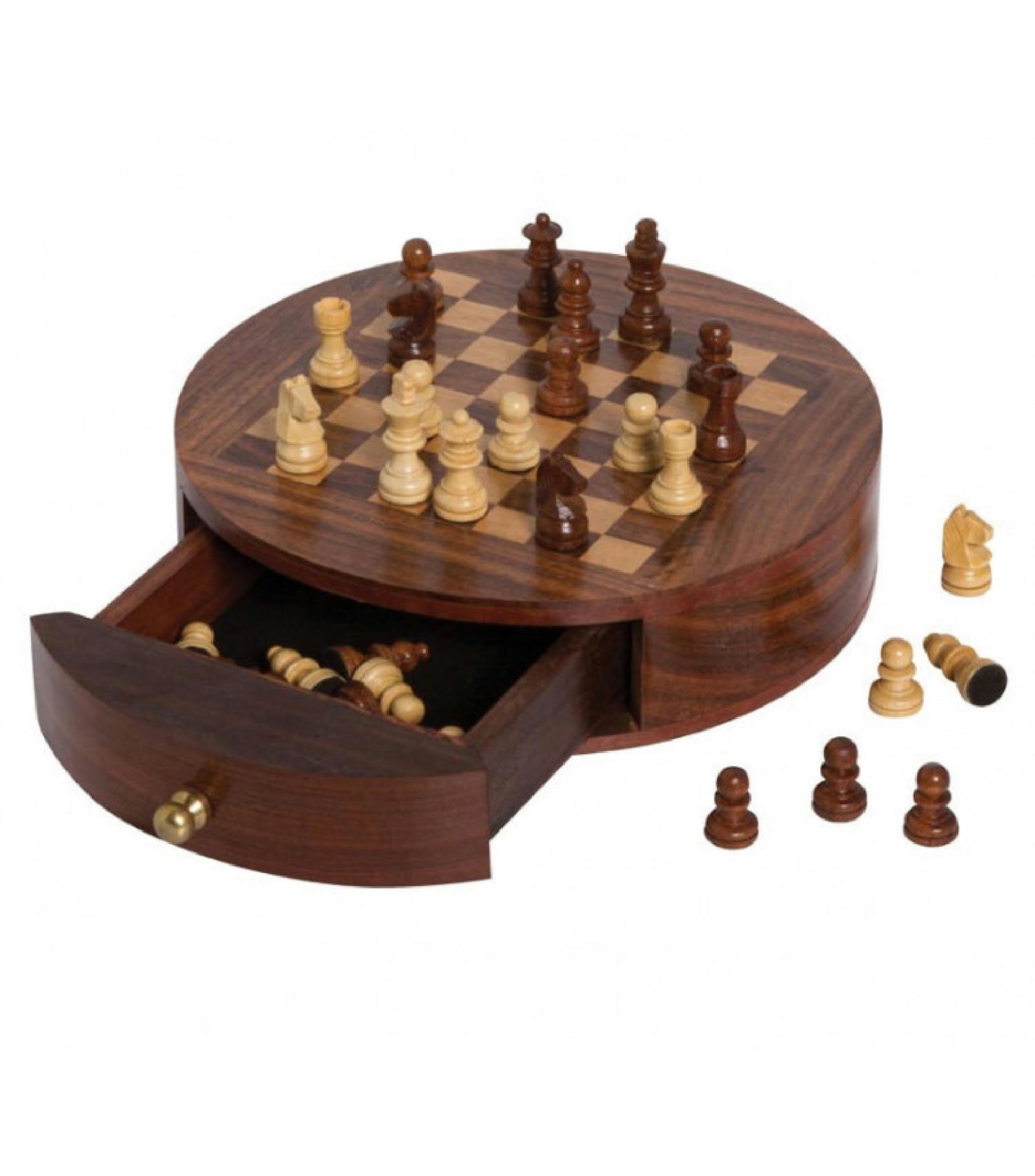 ÉCHECS - Jeu d'échecs en bois rond avec tiroir de rangement