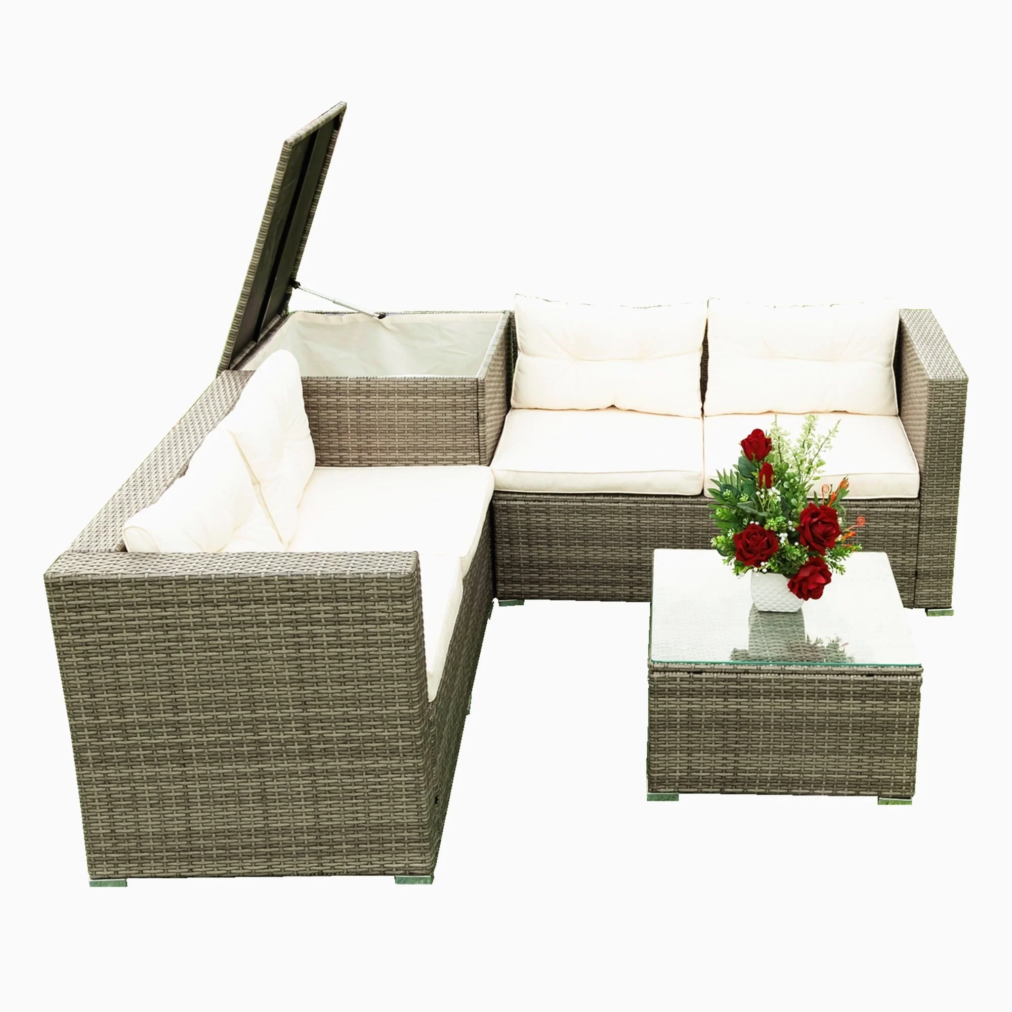 4 Piece Patio Sectional Wicker Rattan Outdoor Furniture Sofa Set with Storage Box Grey