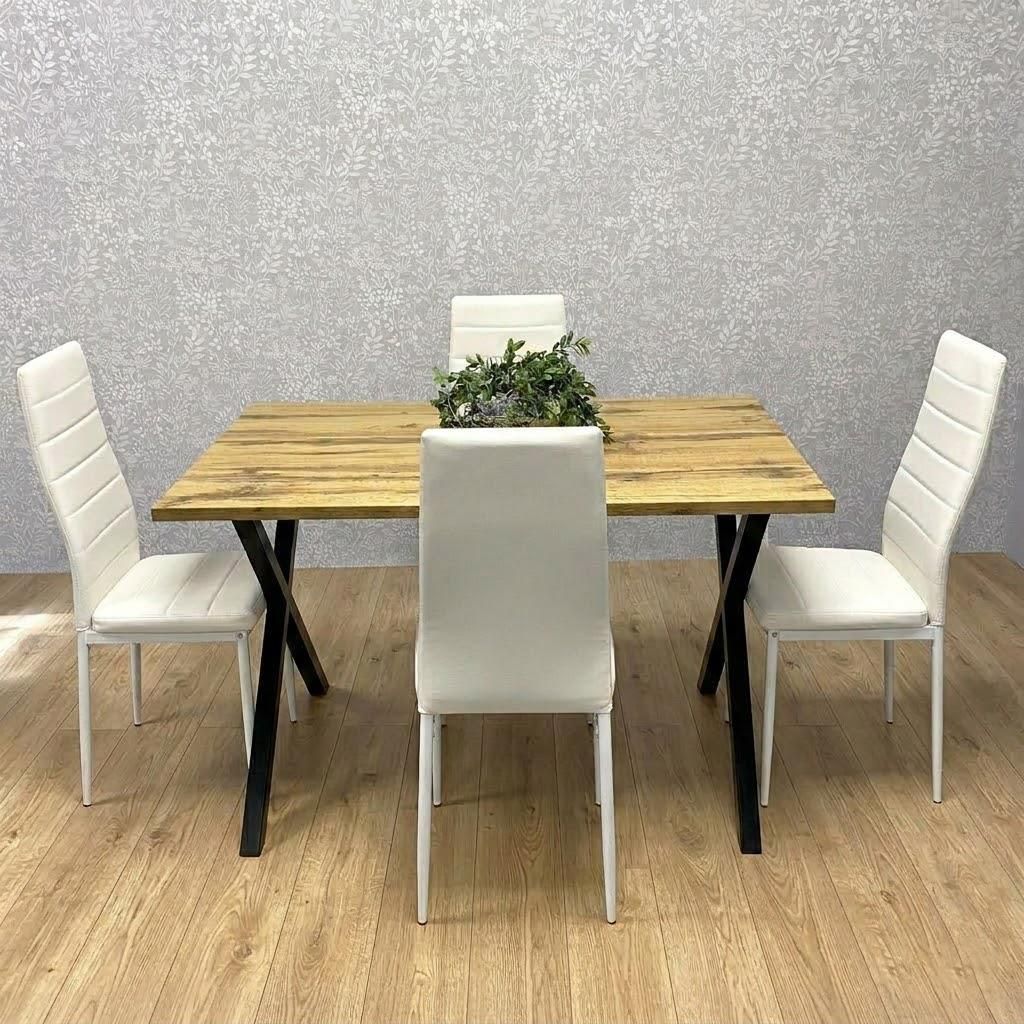 KOSY KOALA Wooden Dining Set with 4 White Padded Leather Chairs