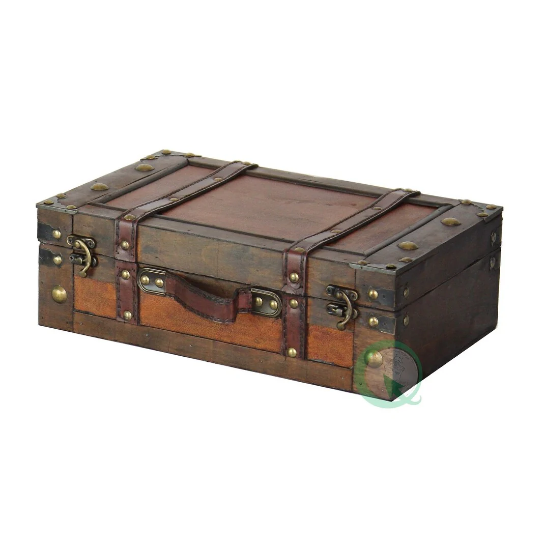 Wooden Vintage Luggage Trunks - Antique Carry on Suitcase Storage Box with Hinged Lids, Old-Fashioned Decorative Box - brown