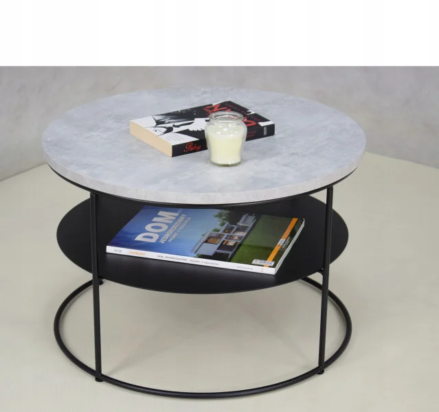 Stolik Kawowy Okrągły z Półką Loft Salon 55x55x37 Czarny Beton Jasny