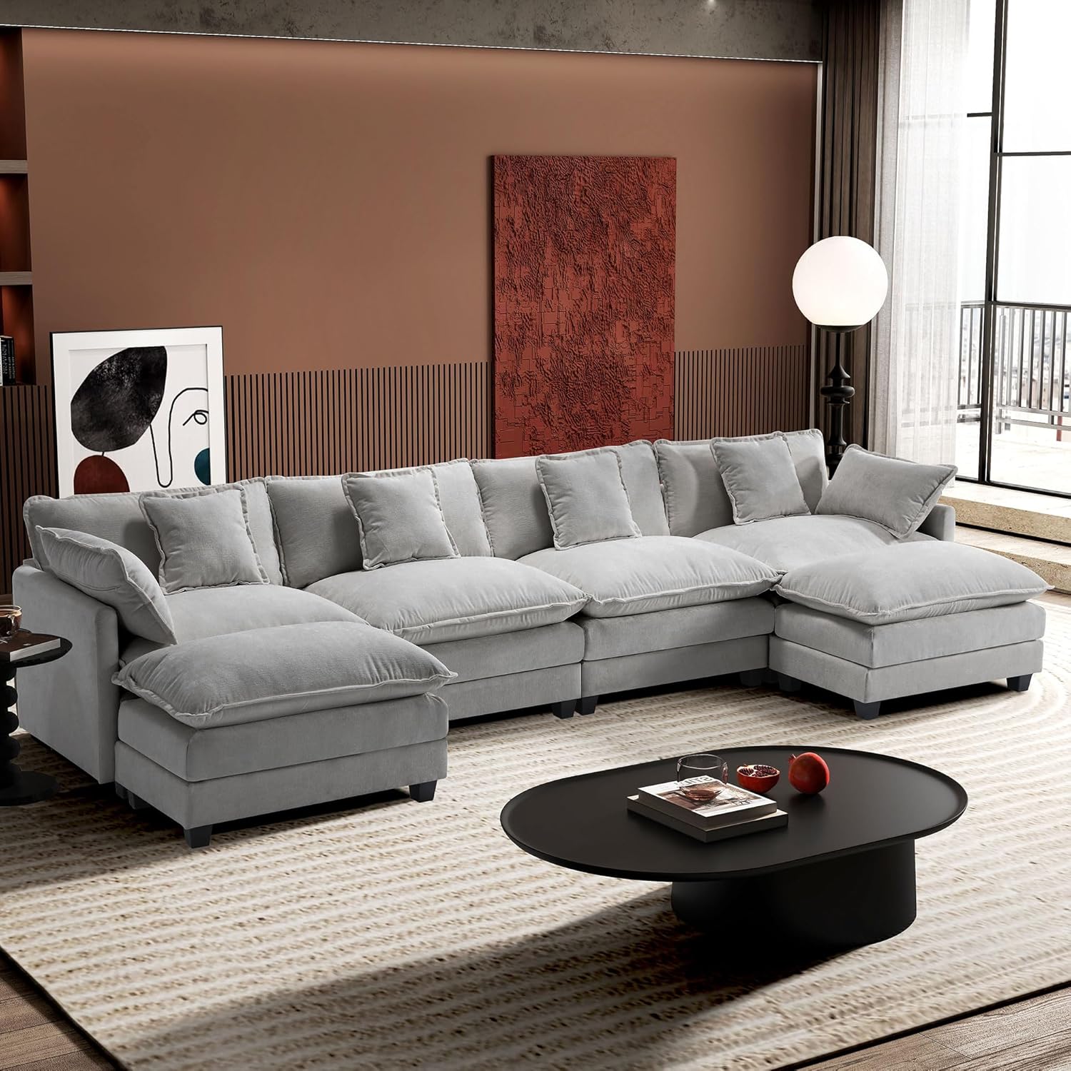 Ihanherry 146 U-Shaped Modern Sofa Modular Sectional Cloud Couch with 2 Ottoman, 6-Seat Chenille Deep Seat Sofa with 6 Pillows for Living Room, Bedroom and Apartment, Grey