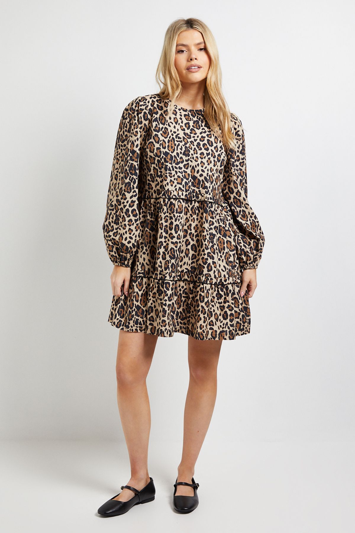 Dorothy Perkins Leopard Frill Tiered Printed Poplin Mini Smock Dress