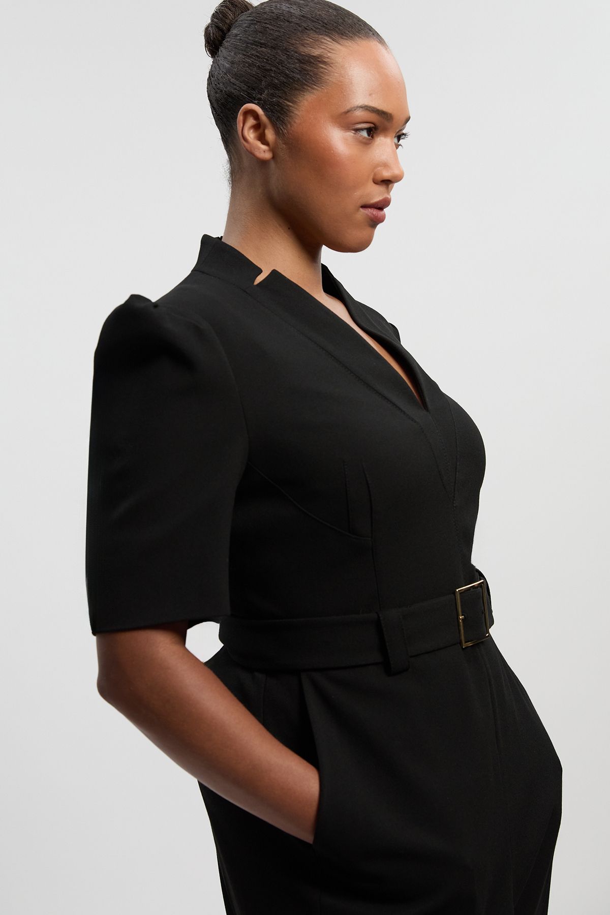 KarenMillen Plus Size Structured Crepe Forever Belted Jumpsuit