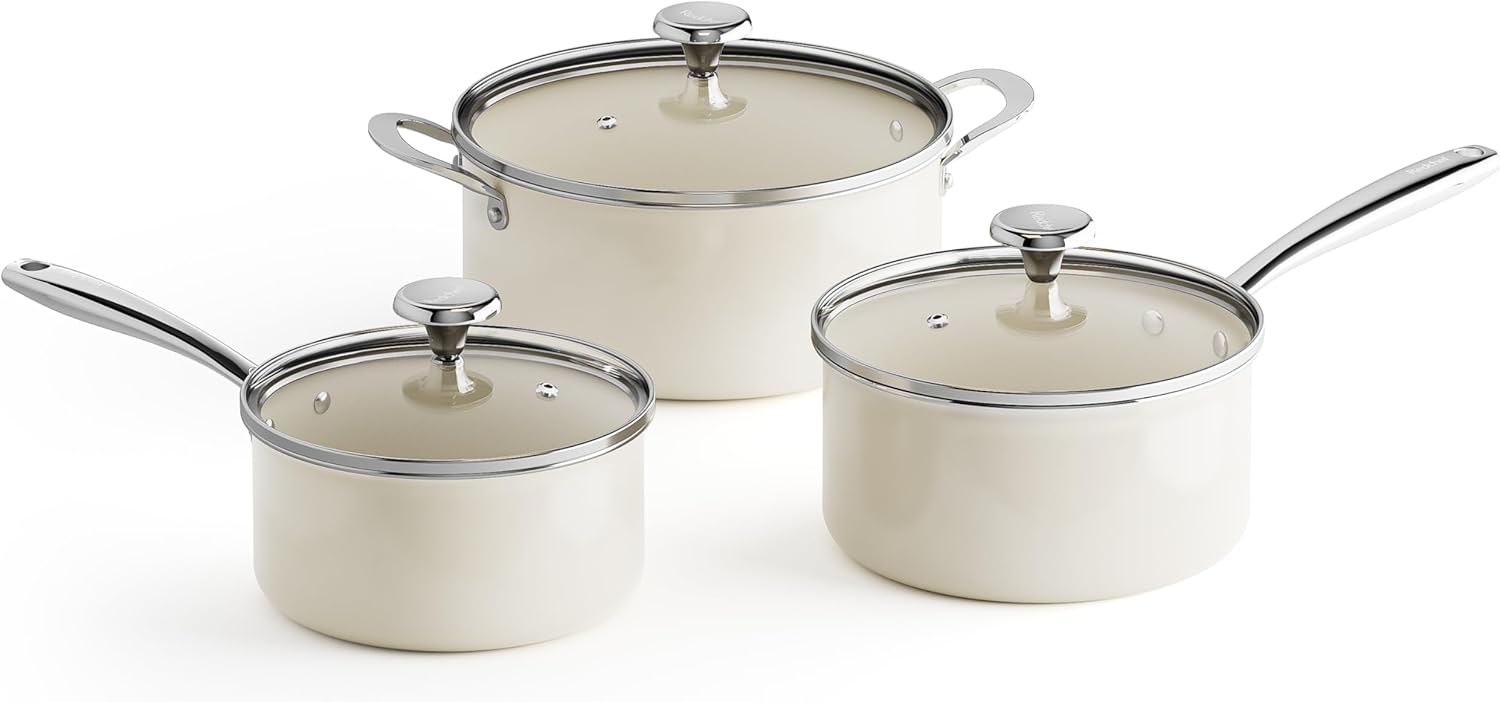 Redchef Cooking Pot Set Induction 5Qt, Saucepan Set 2.5/3.5Qt 8 9.5 11 Frying Pan Set with Tempered Glass Lids, Stay-Cool Handles, Oven/Dishwasher Safe, PTFE PFAS Free (Beige)