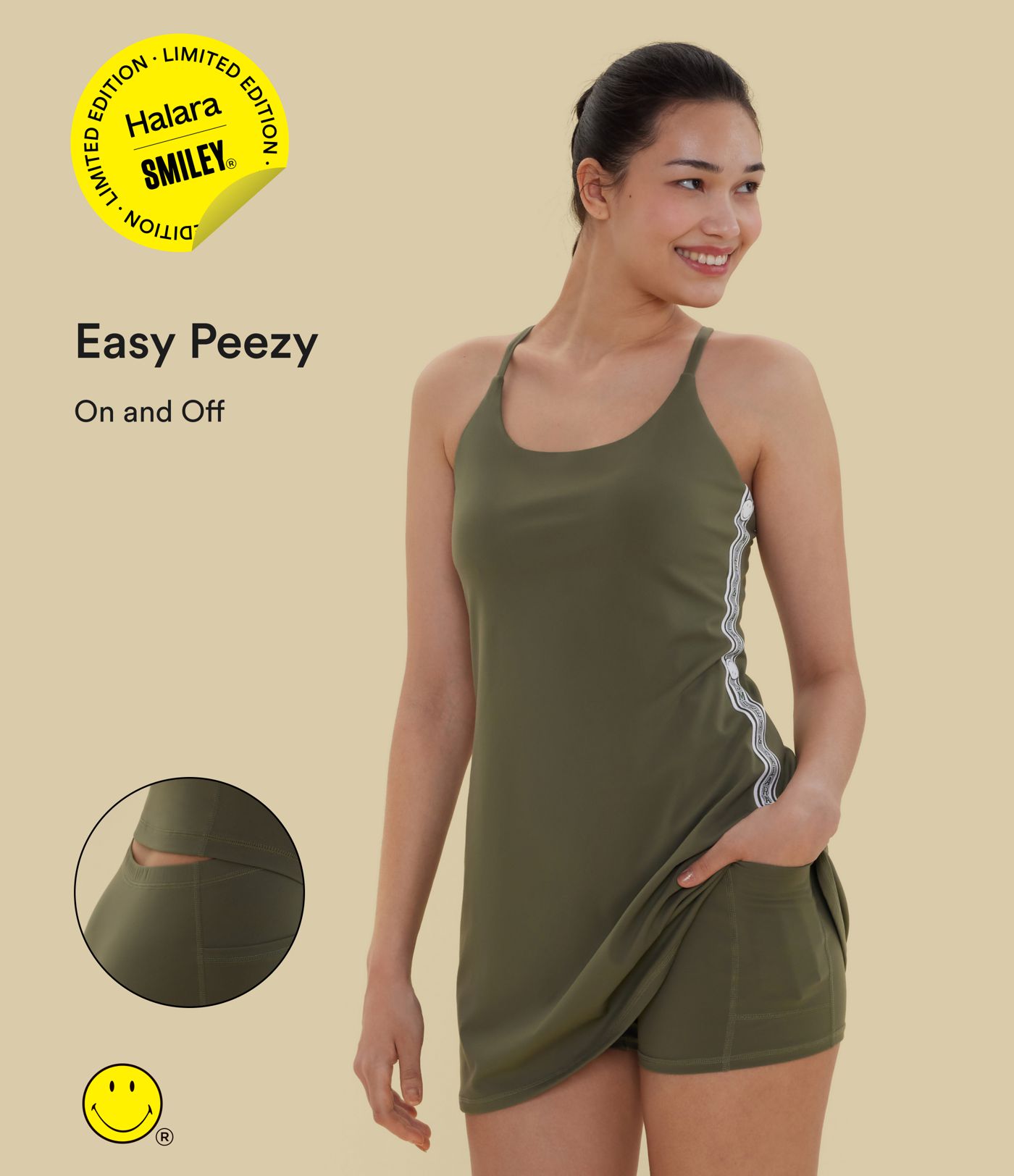 Robe sport mini dos ouvert Halara X Smiley® SoftlyZero™ Plush – Édition Easy Peasy