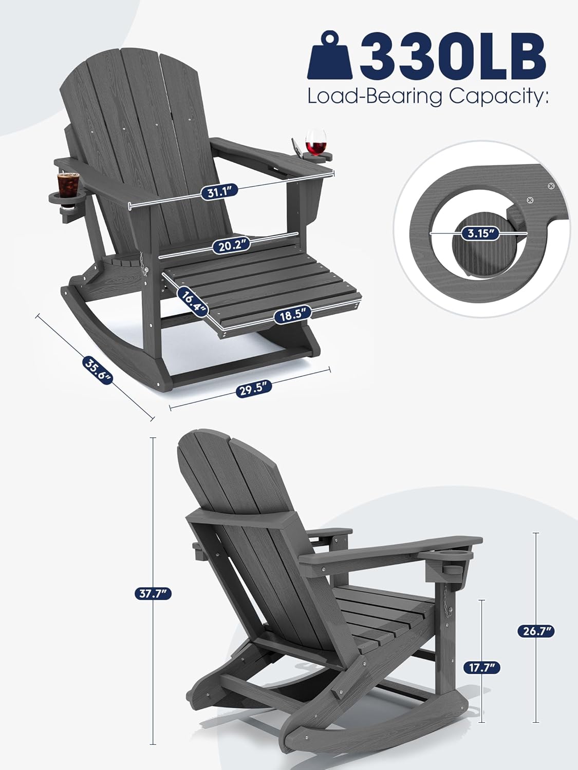 KINGYES Adirondack Rocking Chair with Retractable Ottoman and Cup Holders, HDPE Adirondack Rocker Patio Rocking Chair for Porch, Patio, Balcony, Leaden Grey