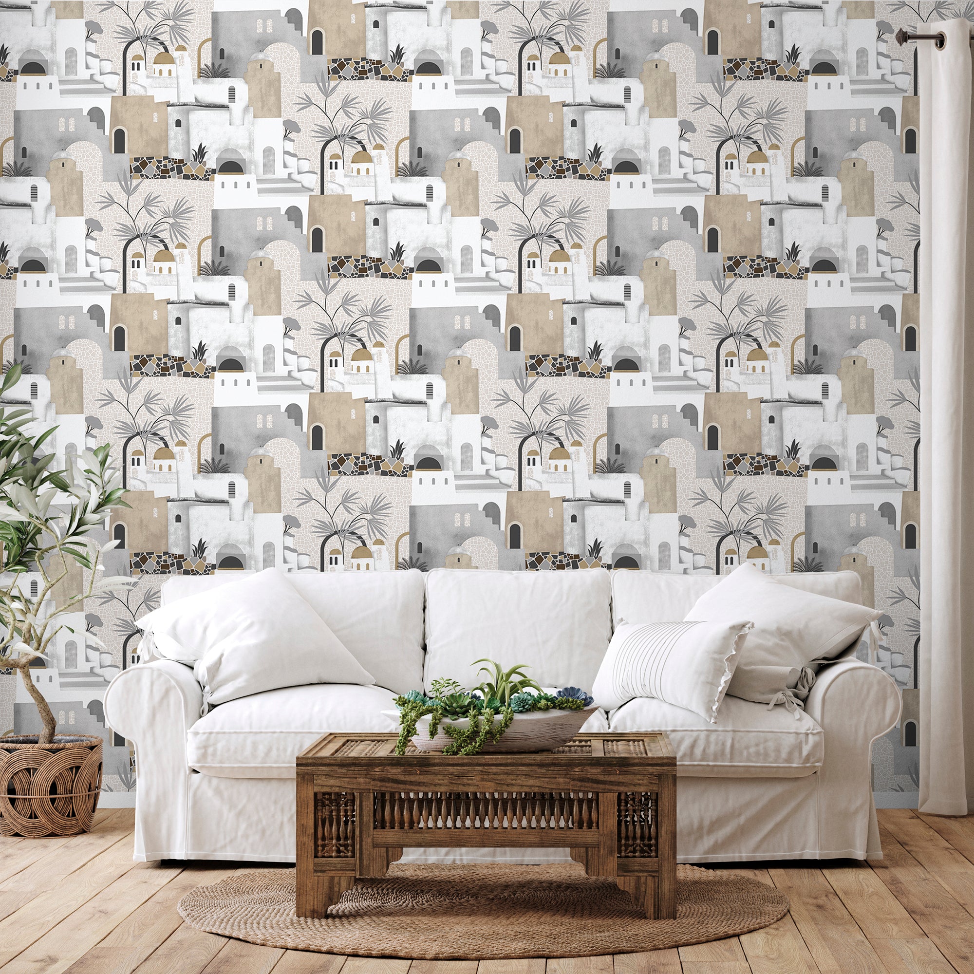 Sanders & Sanders behang mediterrane huisjes donker beige, grijs en wit - 53 cm x 10 m - 640078