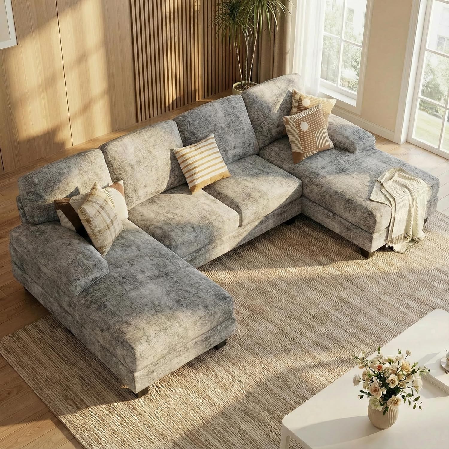 Homall Modular Sectional U Shaped Sofa Couches for Living Room, Comfy Chenille 4 Seat Sofa Set with Removable Pillows, Lounge Chaise Upholstered Couch for Apartment (Chenille, Grey)