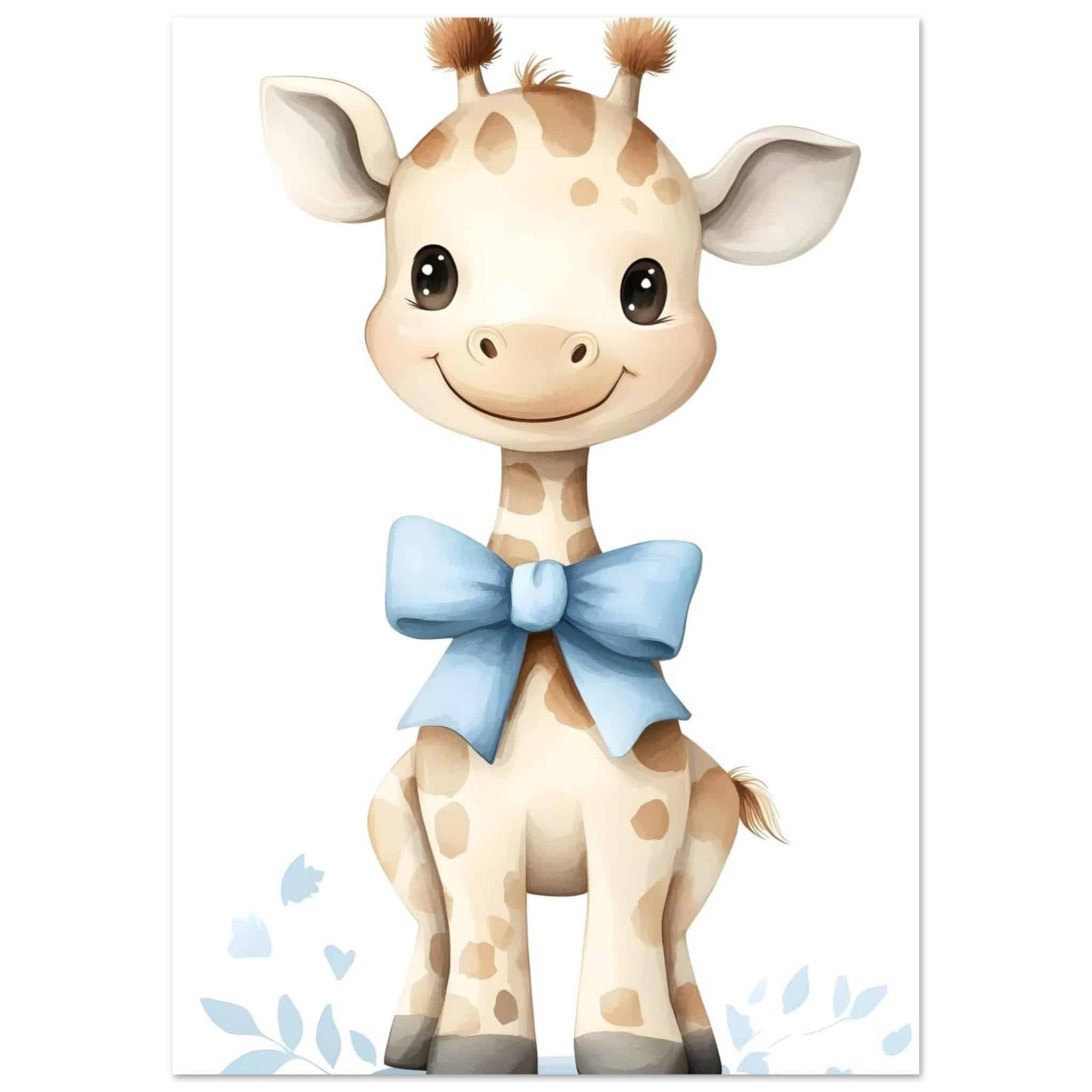 Artfulprints Poster Giraffe met blauwe strik  - A4 21x29.7 cm - Geel