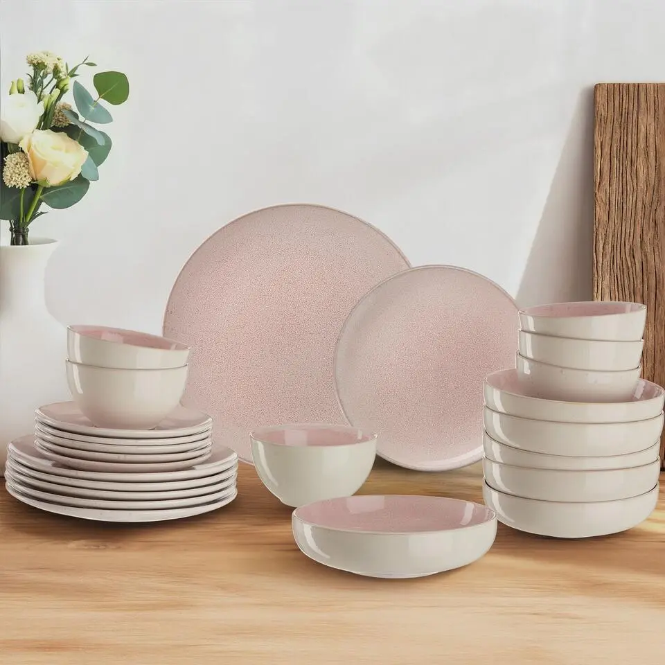 tectake Serviesset Mare van aardewerk, voor 6 personen, Roze