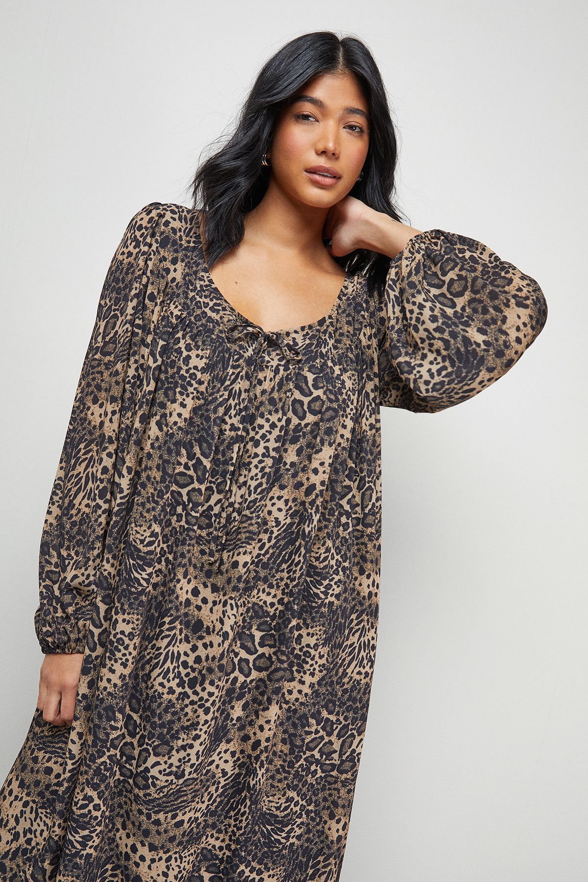 Warehouse Chiffon Tie Front Volume Midi Smock Dress