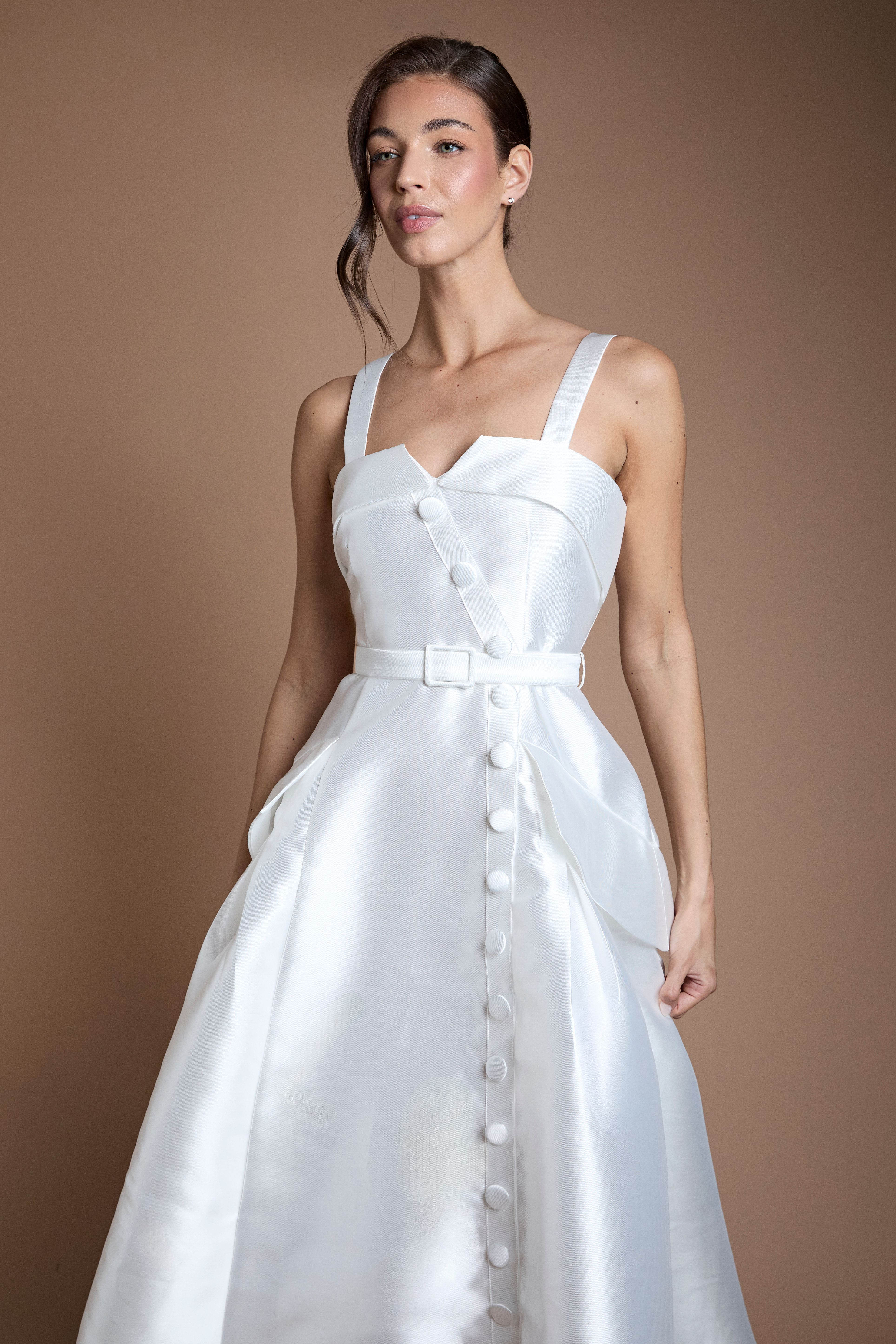Coast Lisa Tan Twill Volume Belted Midi Wedding Dress