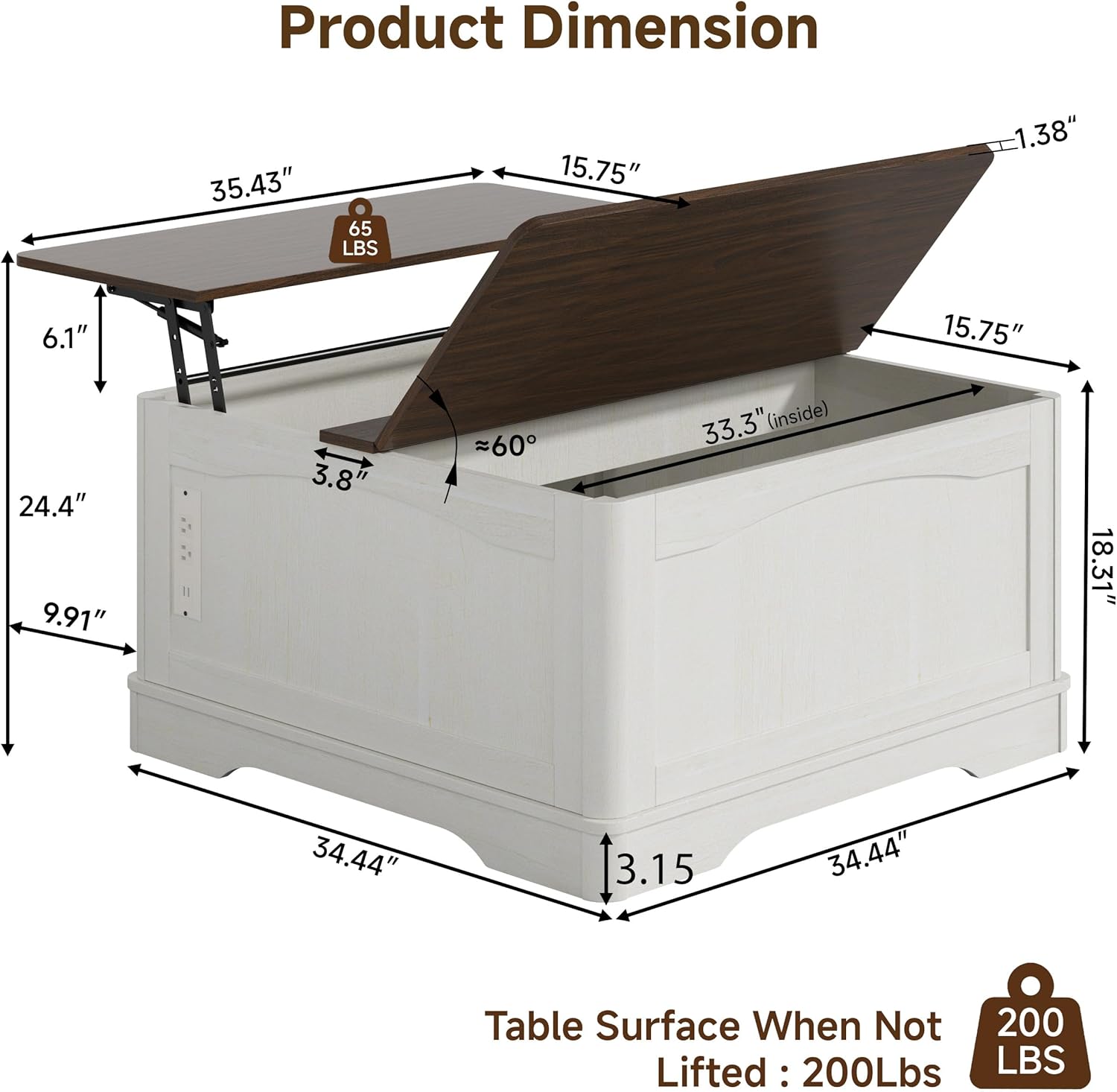35 Farmhouse Lift Top Coffee Table, Wood Square Center Table with Charging Station, Rounded Edge Table with Hidden Storage, for Living Room, Bedroom, Office, AC, USB Output, White Walnut