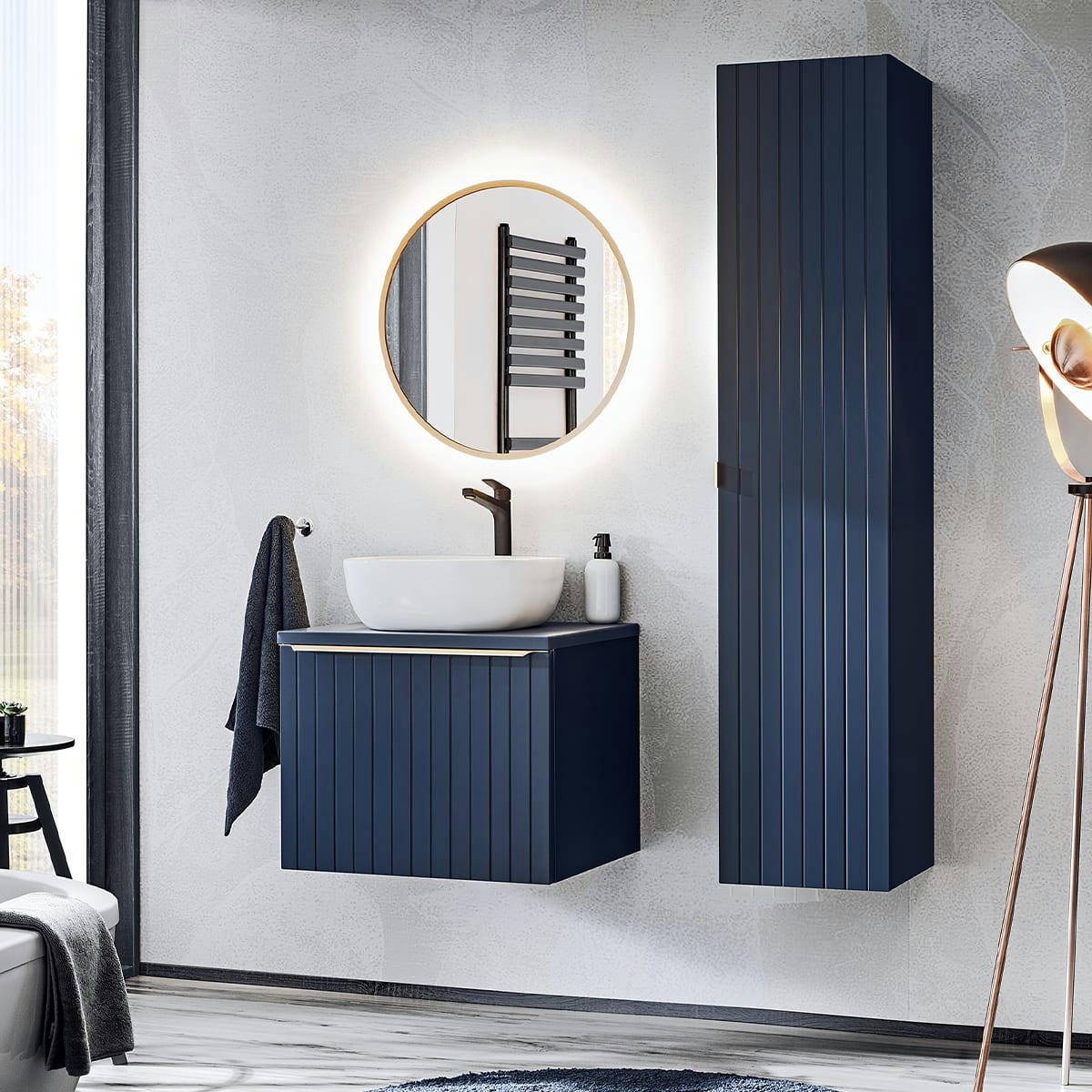 - Ensemble meuble simple vasque 60cm et colonne stratifiés bleu