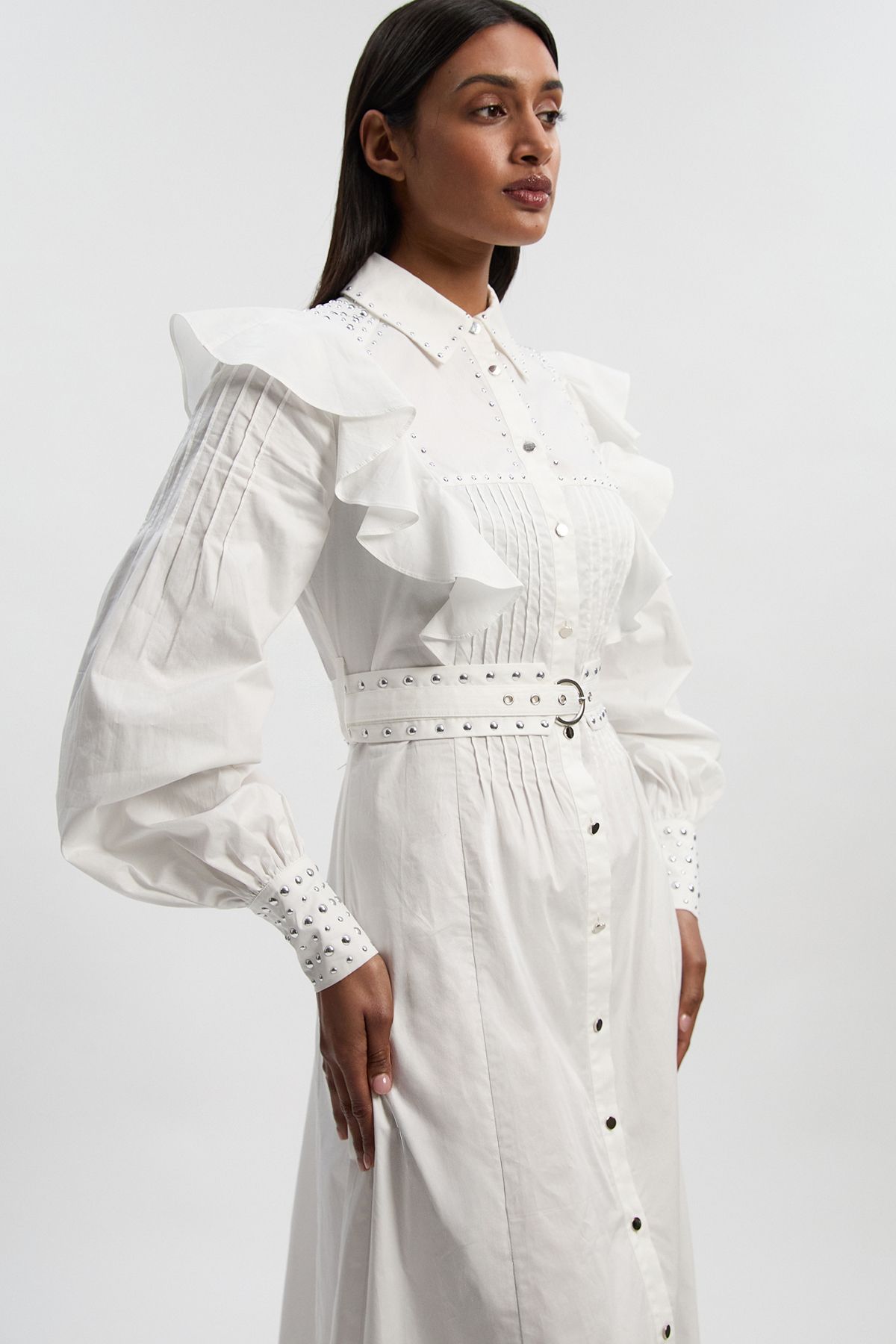 KarenMillen Petite Cotton Sateen Drama Sleeve Studded Woven Maxi Shirt Dress