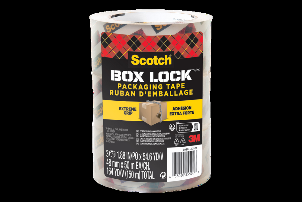 Scotch® Box Lock™ Packaging Tape for Shipping/Moving/Storage, Clear, 3-in Roll, 50-m, 3-pk