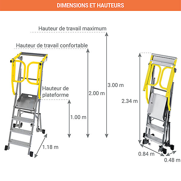 Escabeau 4 marches - Hauteur max. de travail 3.00m - PAM4-PS