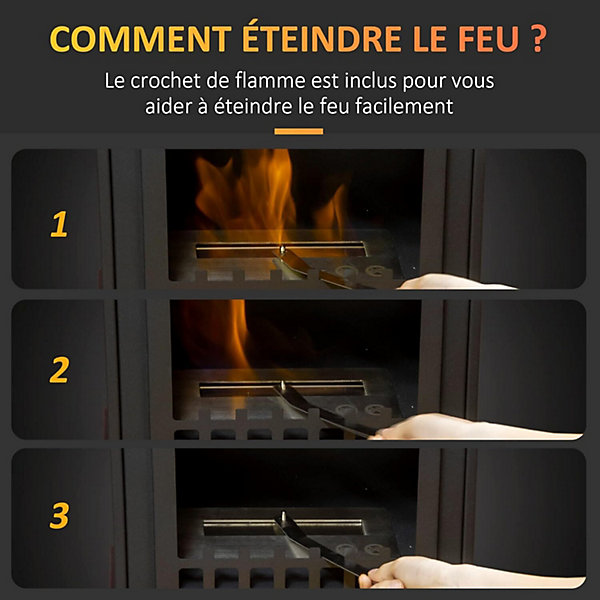 Cheminée bioéthanol sur Pieds avec réservoir 1,2 L, Environ 3 h de durée de Combustion Couverture 25 m² 41 x 25 x 54 cm
