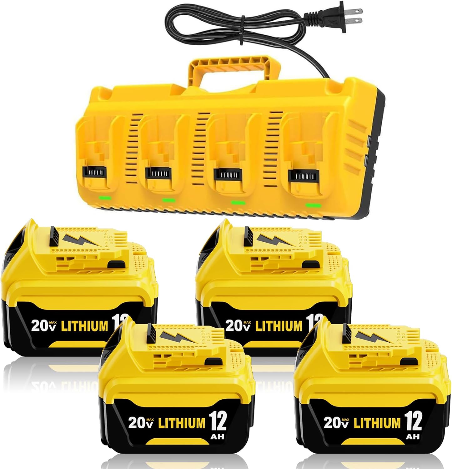 4 Packs 12000mAh Replacement for Dewalt 20V Battery 12.0Ah and DCB104 4-Port Charger Compatible with Dewalt 20V Battery Lithium DCB206 DCB207 DCB204 DCB200 DCB201 DCB203 Series Power Tool(5Pack）