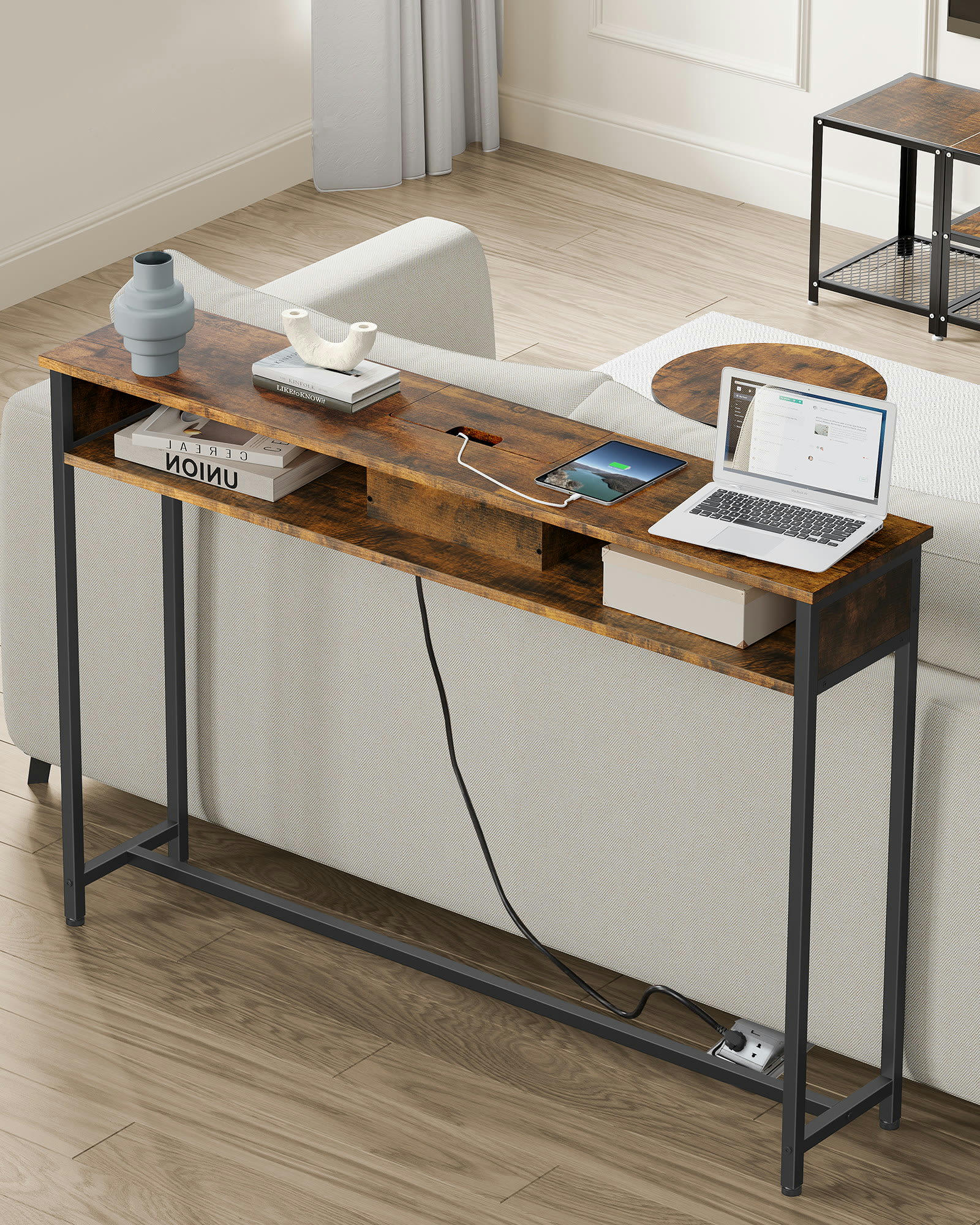 - Table console avec multiprise effet bois marron rustique