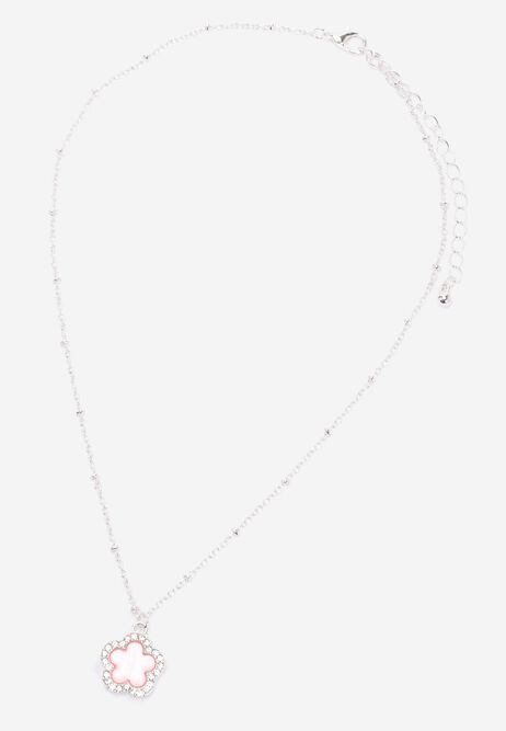 Womens Silver & Pink Flower Pave Necklace
