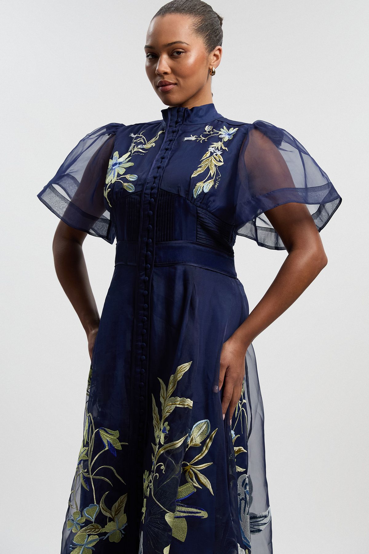 KarenMillen Plus Size Botanical Embroidery Organdie Angel Sleeve Midi Dress