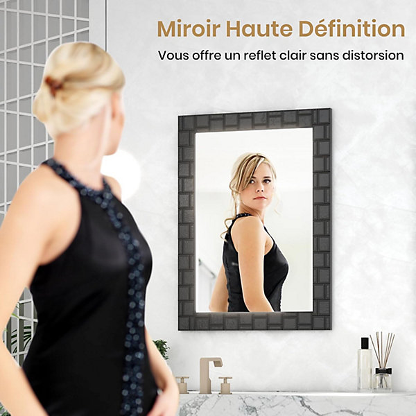 Miroir Mural Rectangulaire 80 x 60 Cm (L x l) avec Cadre en Bois d'Hévéa Naturel,Crochets Métalliques, pour Salle de Bain,Chambre
