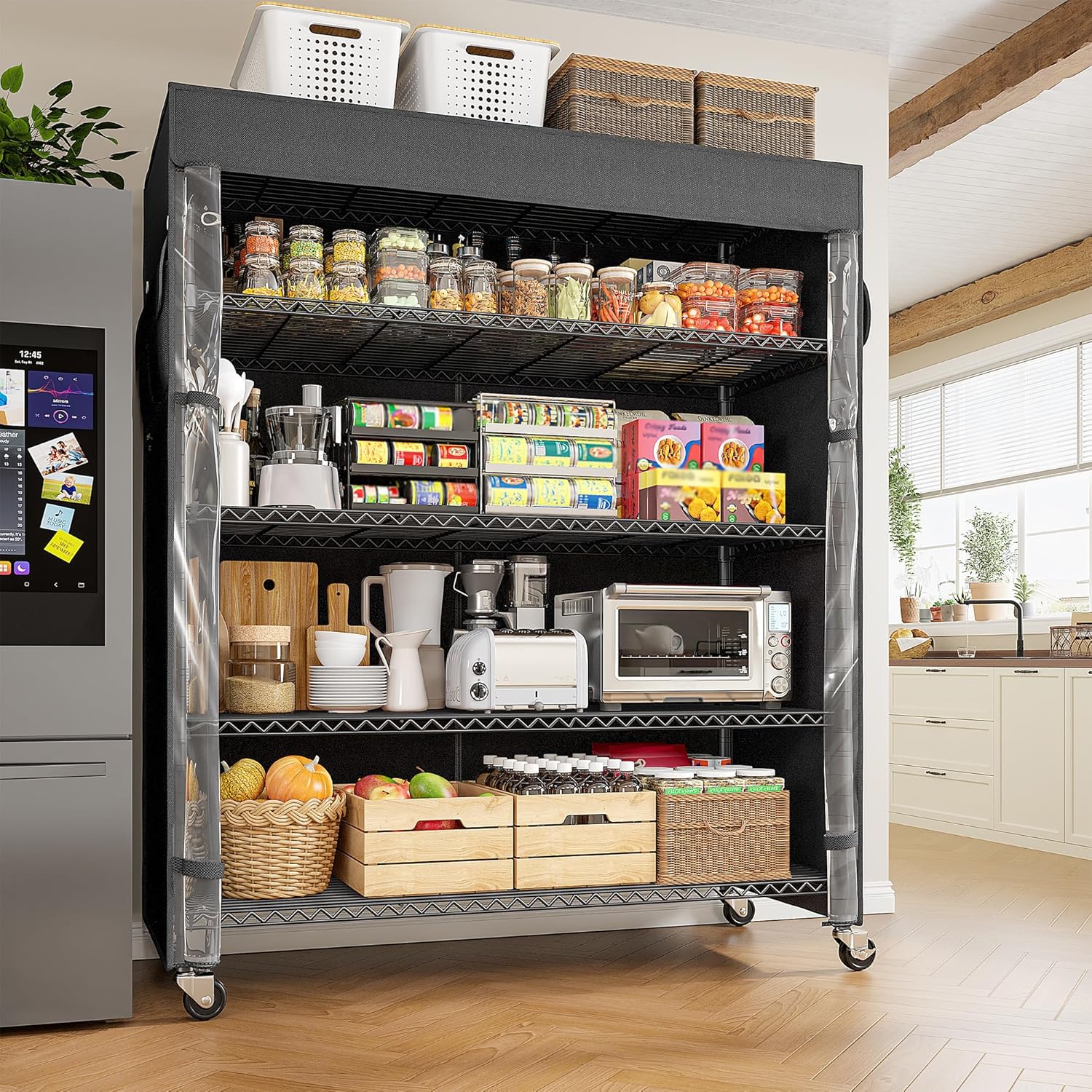 REIBII 45''W Storage Shelves with Cover & Wheels, Metal Shelving Waterproof Dustproof, Wire Shelving Unit Covers, Garage Storage Rack Wire Shelf for Kitchen Pantry, Storage Room, 45Wx17.72Dx72.83H