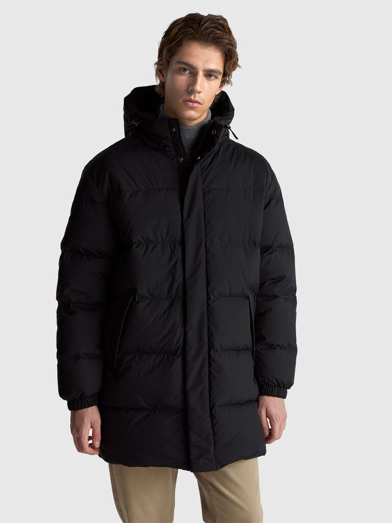 Long puffer jacket with recycled down