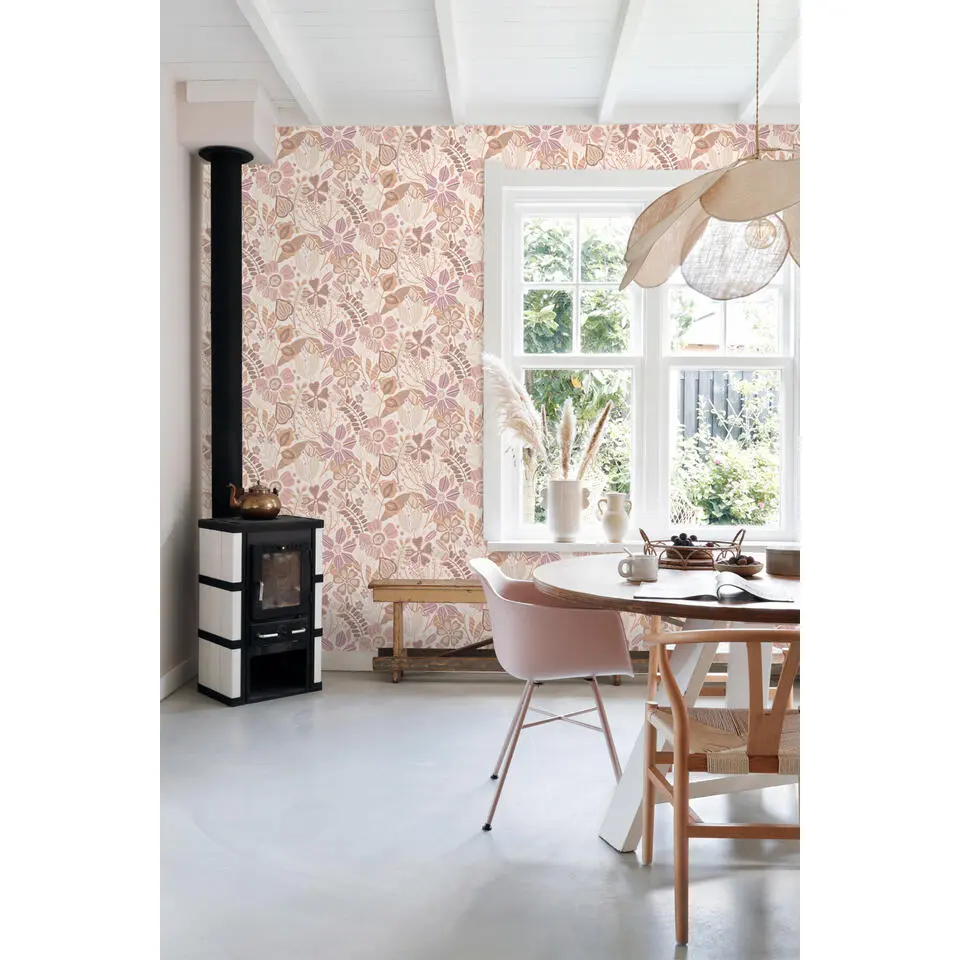 ESTAhome behang bloemmotief beige en lila paars - 53 cm x 10.05 m