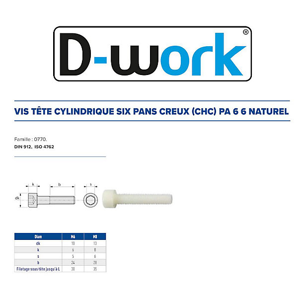 200 Vis Métaux Tête Cylindrique 6 Pans Creux CHC 8 x 10 mm - DIN 912 - Polyamide - D-Work