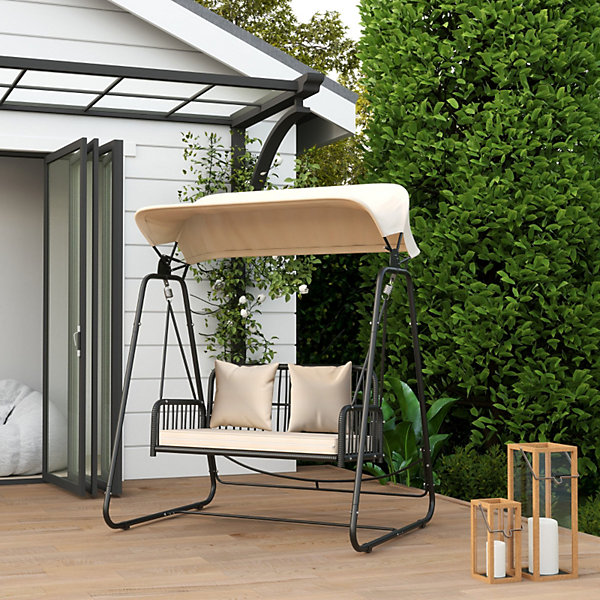 Balancelle de jardin 2 places en rotin avec toit réglable et coussins, charge 240 kg, 149 x 121 x 180 cm, Beige