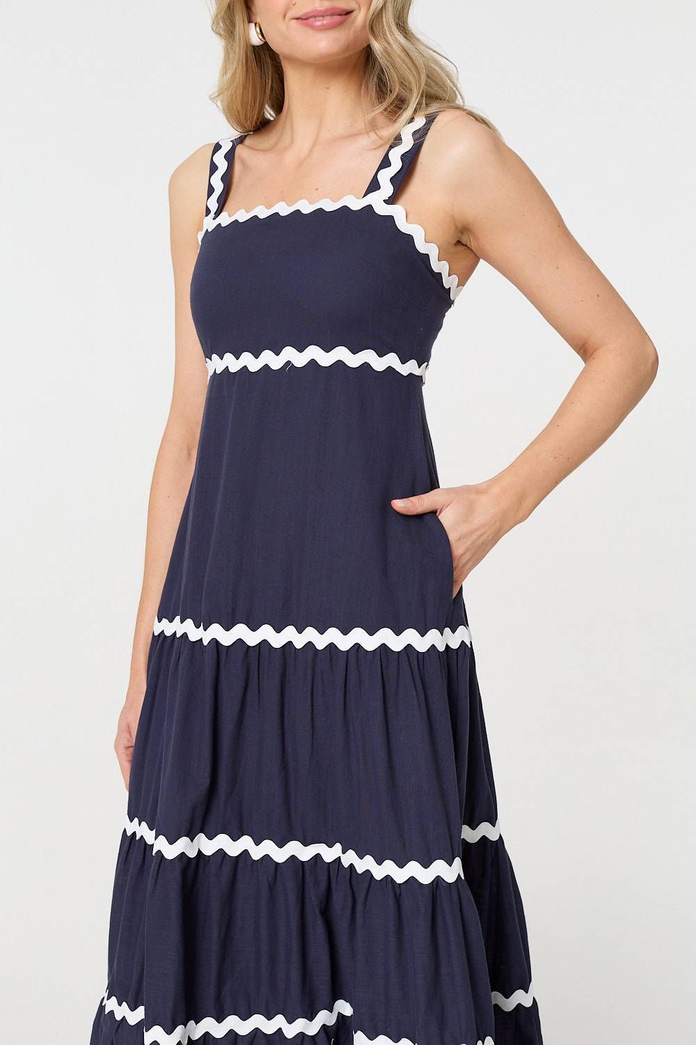 Izabel London Zig Zag Trim Sleeveless Tiered Midi Dress