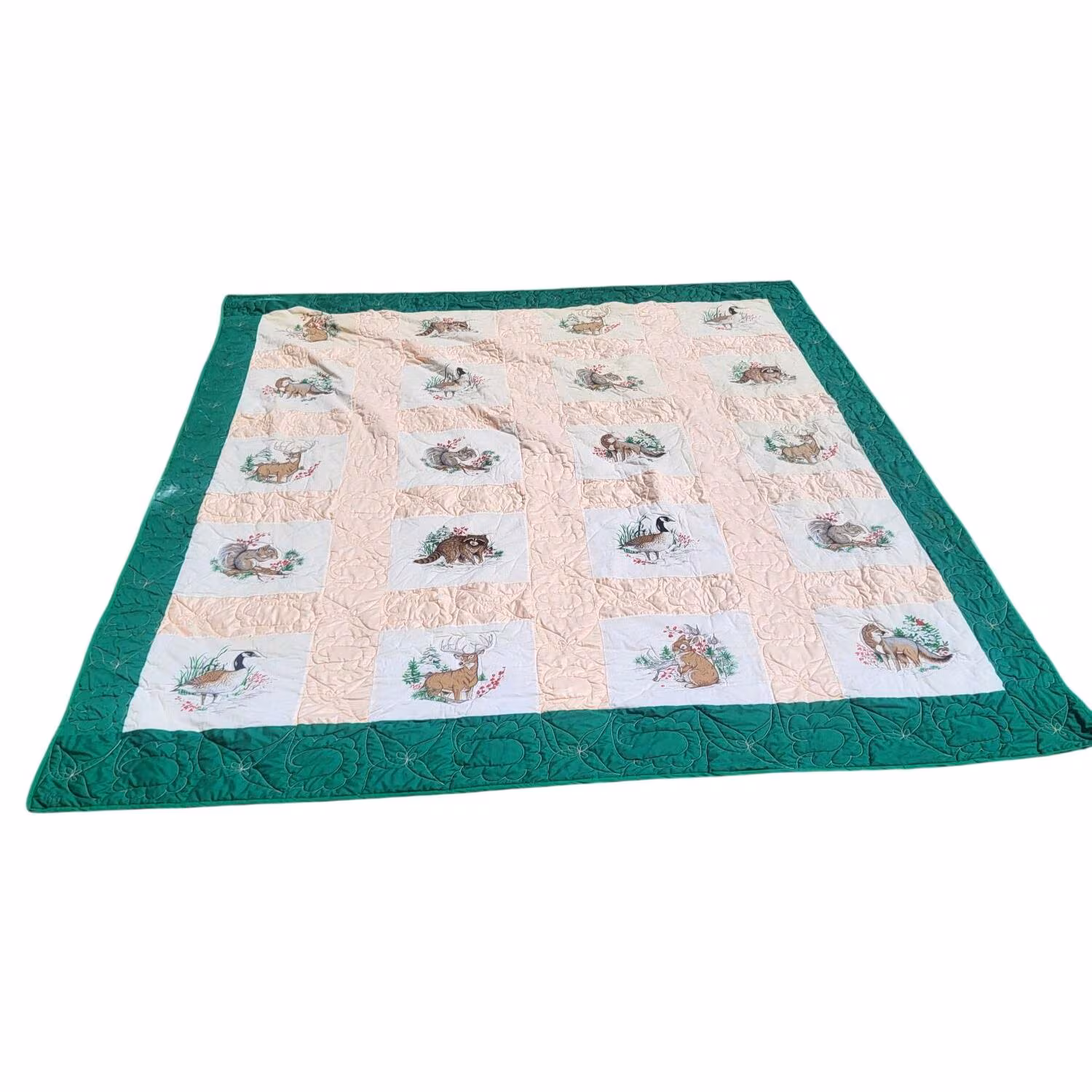 Vintage Handmade Wildlife-Themed Double Quilt with Green Border & Embroidered Details Approx. 79.5