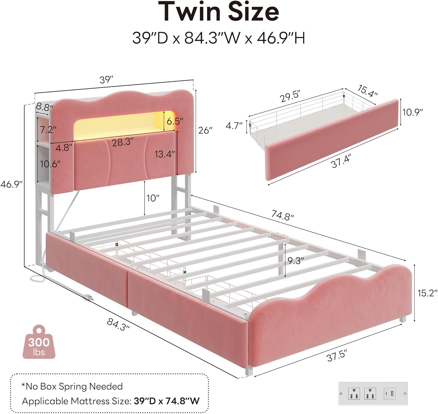 LIKIMIO Twin Upholstered LED Bed Frame with 2 Storage Drawers and Bookcase Storage Headboard, Velvet Princess Platform Bed with Charging Station, Heavy Duty Metal Support, No Box Spring Needed, Pink