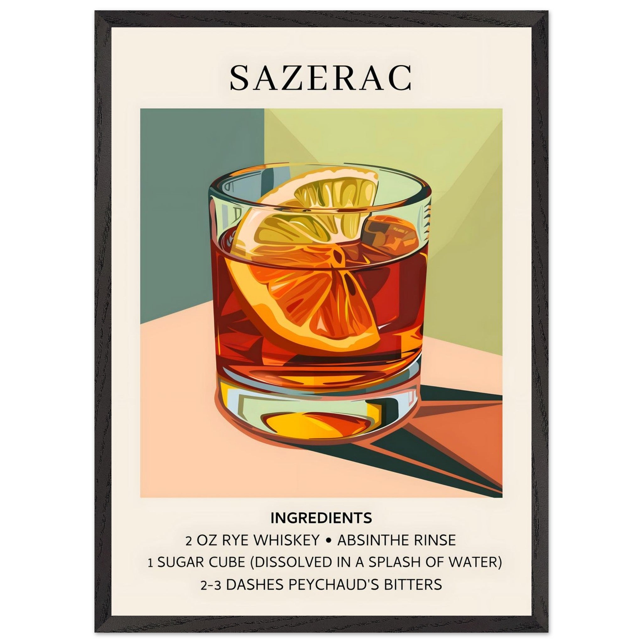 Artfulprints Poster met Lijst Sazerac cocktail - Ingrediënten  - 50x70 cm - Meerkleurig