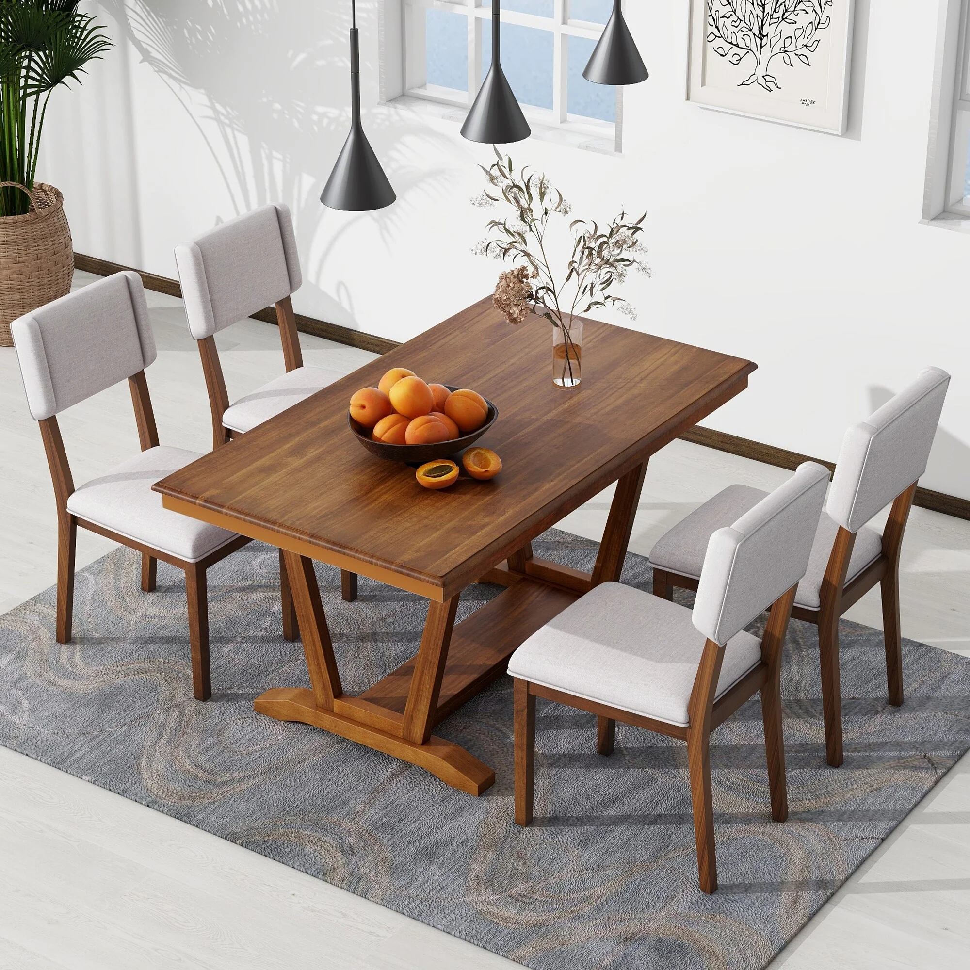 Roomfitters Rustic 5-Piece Dining Table Set with 4 Upholstered Chairs, Trestle Base