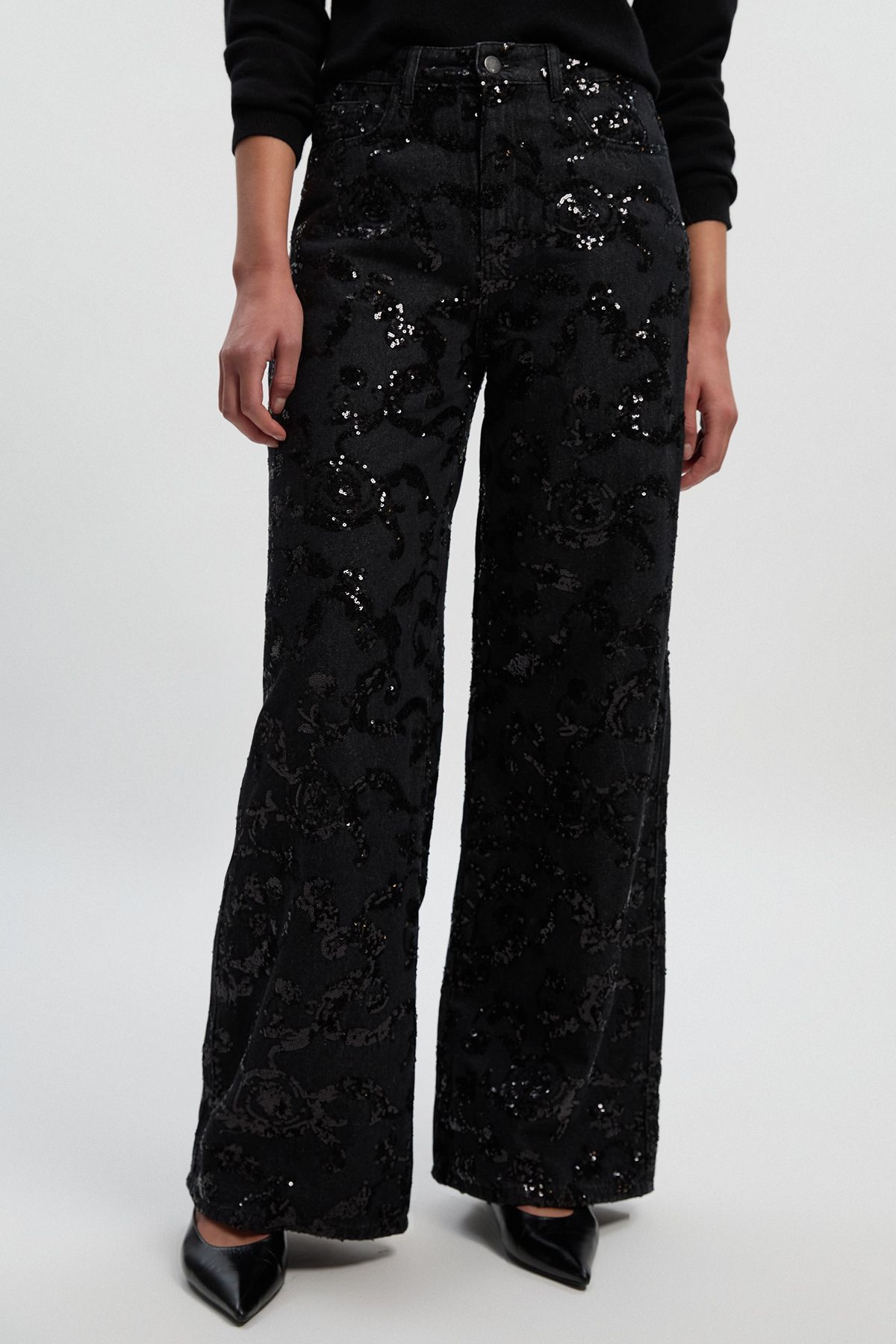 KarenMillen Sequin Denim Wide Leg Jeans