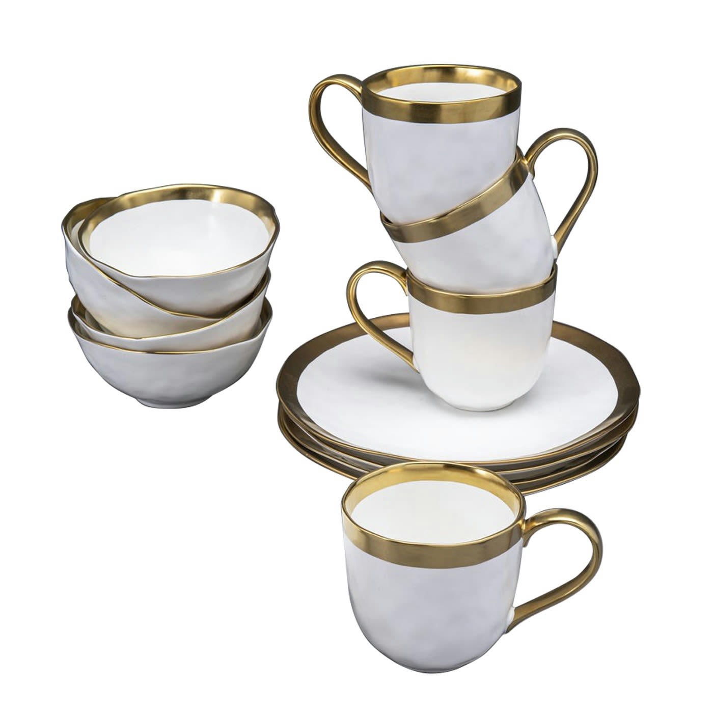 BELL - Lot 6 mugs, 6 bols, 6 assiettes plates en porcelaine blanche et dorée